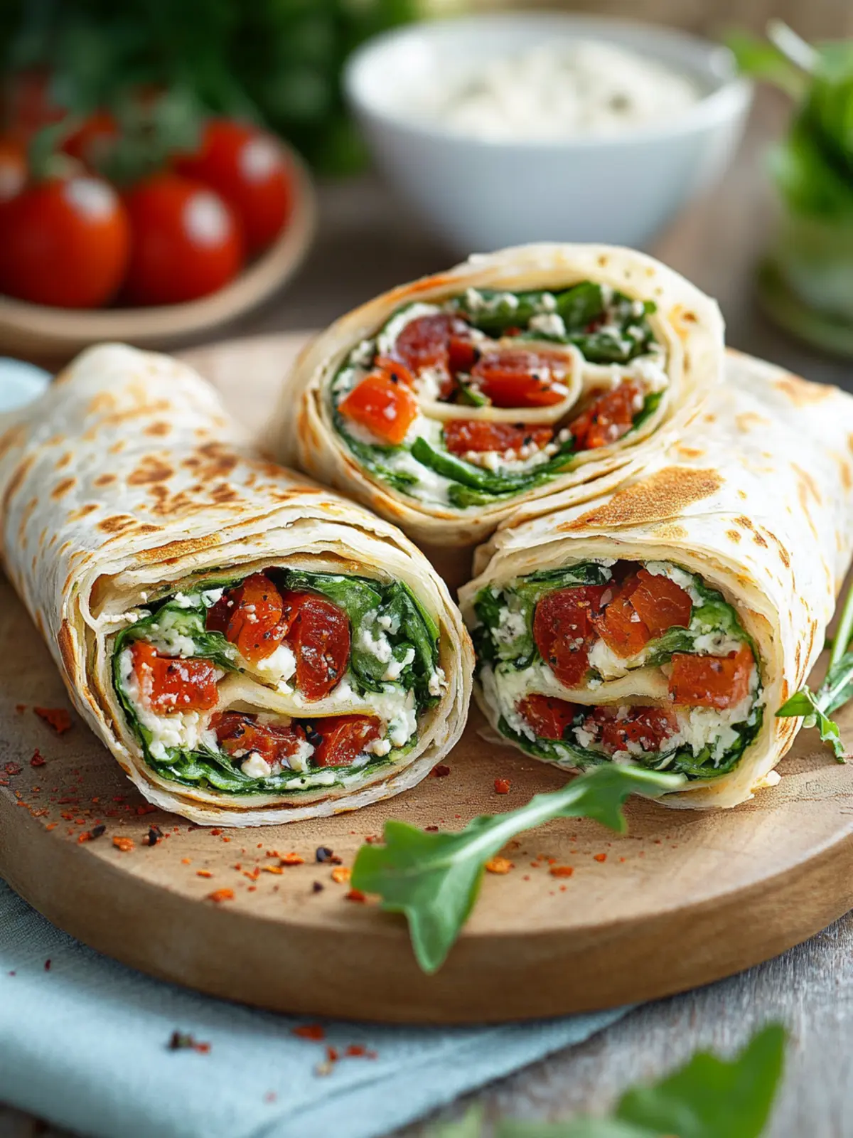 Vegetarische Wrap-Röllchen mit Rucola und Tomaten