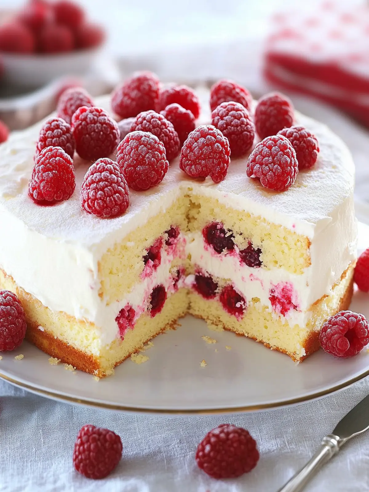 Delicious yogurt cake with fresh raspberries