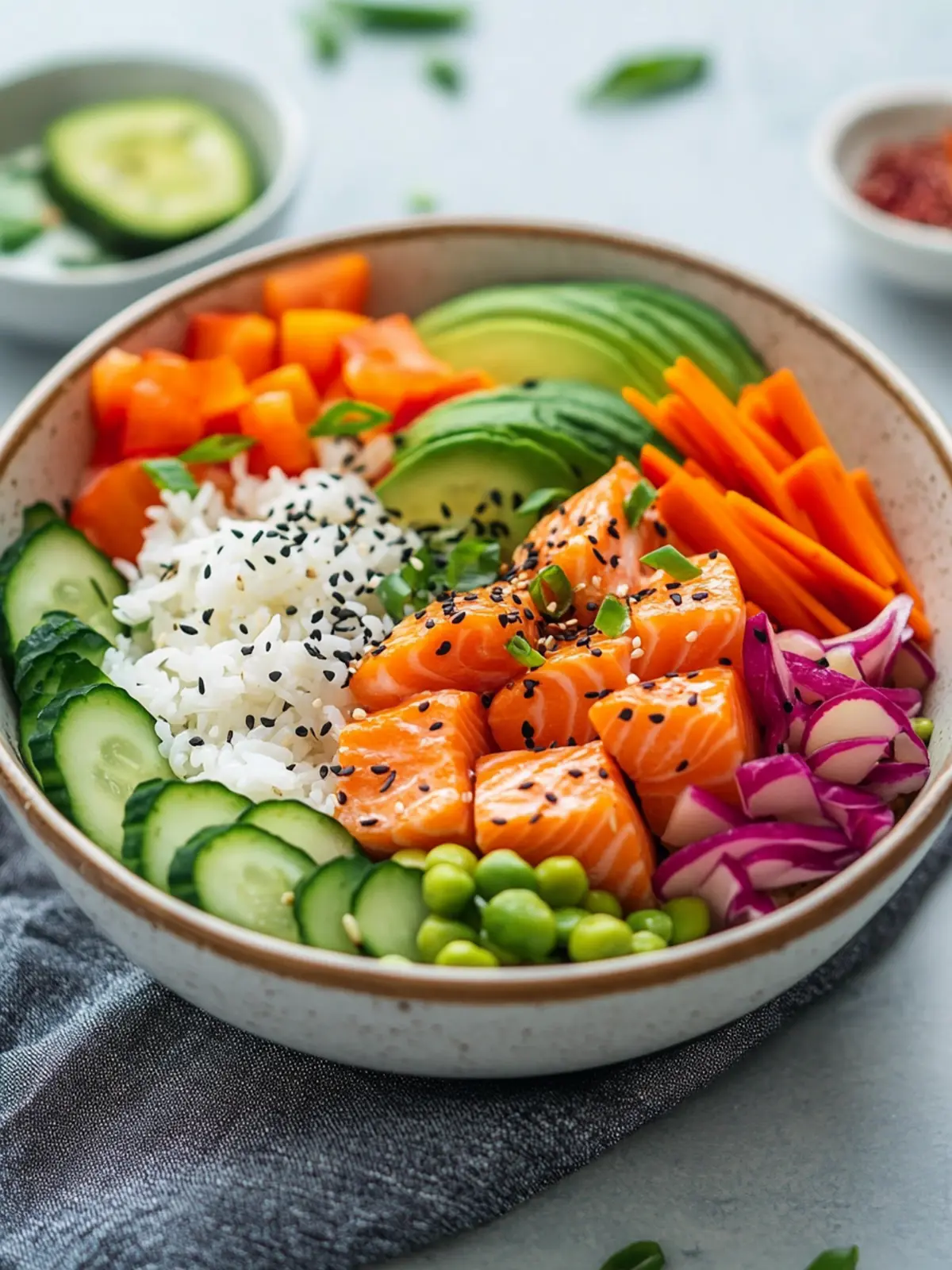 Lachs-Bowl mit buntem Gemüse & Reis – Gesund, modern und unglaublich lecker