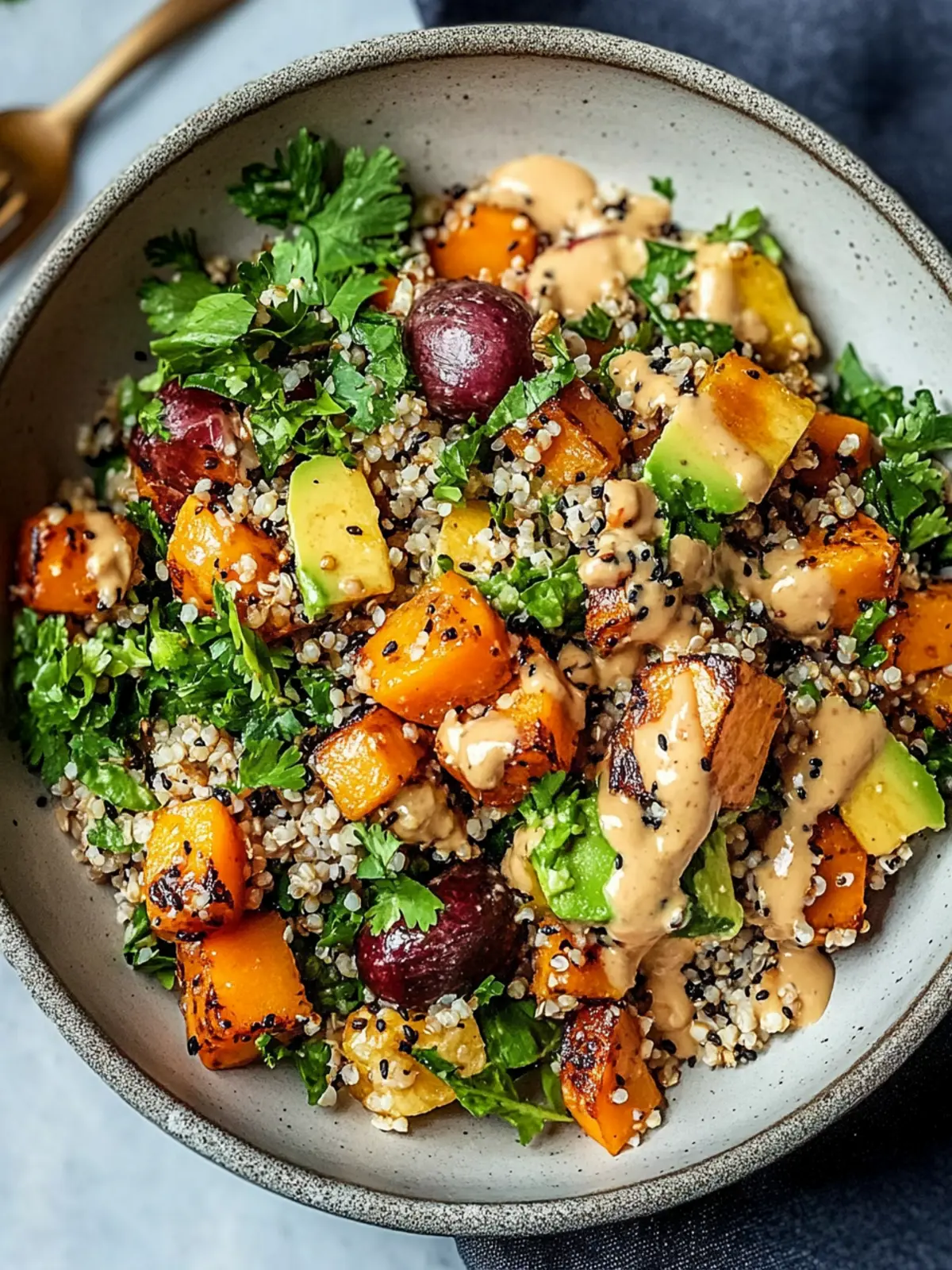 Roasted Sweet Potato Quinoa Salad with Sesame Miso Sauce