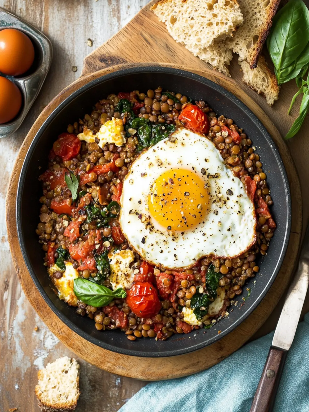 Tomato-Lentil-Vegetables with Baked Egg