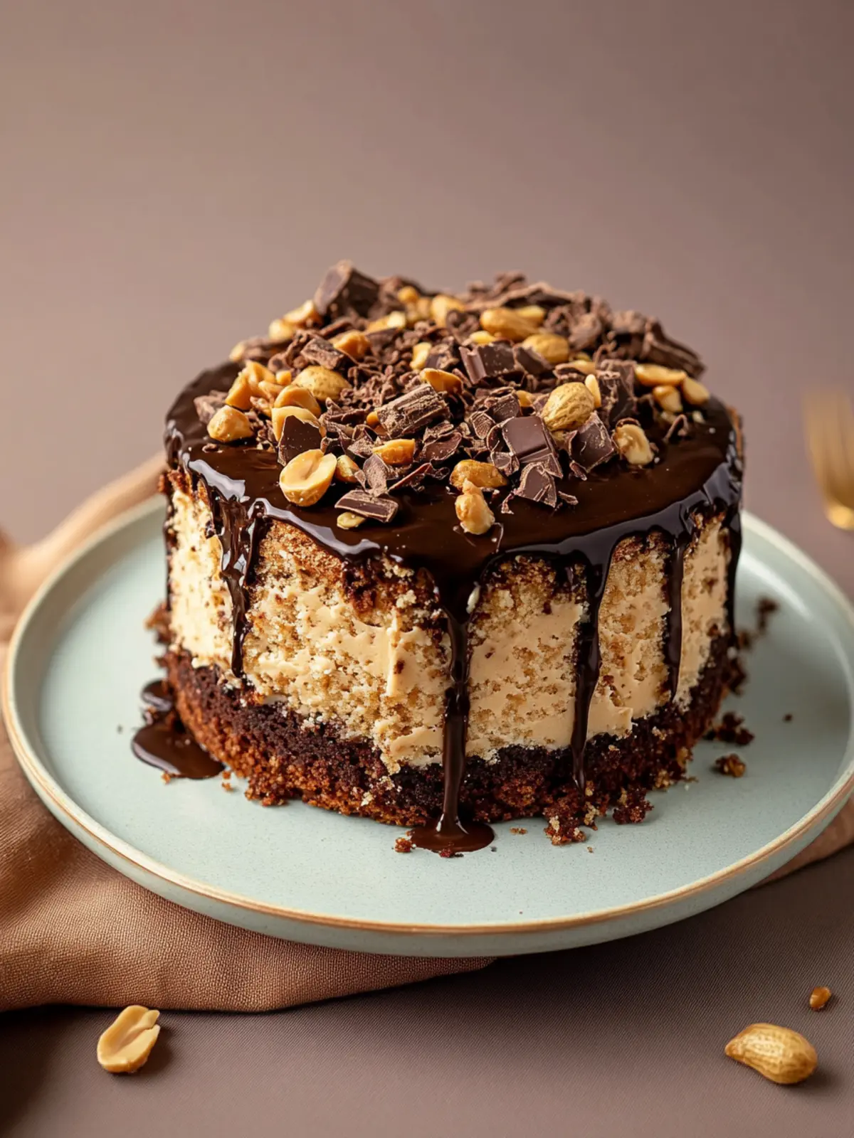 Snickers cake - mixing cake with chocolate and peanut