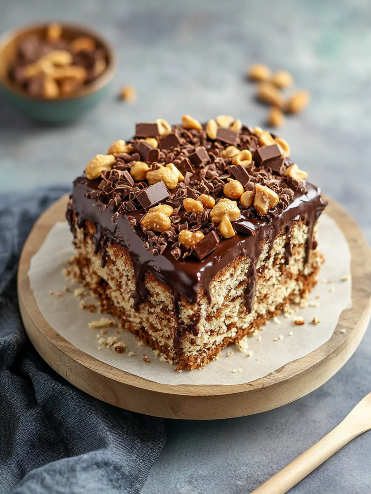 Snickers cake - mixing cake with chocolate and peanut