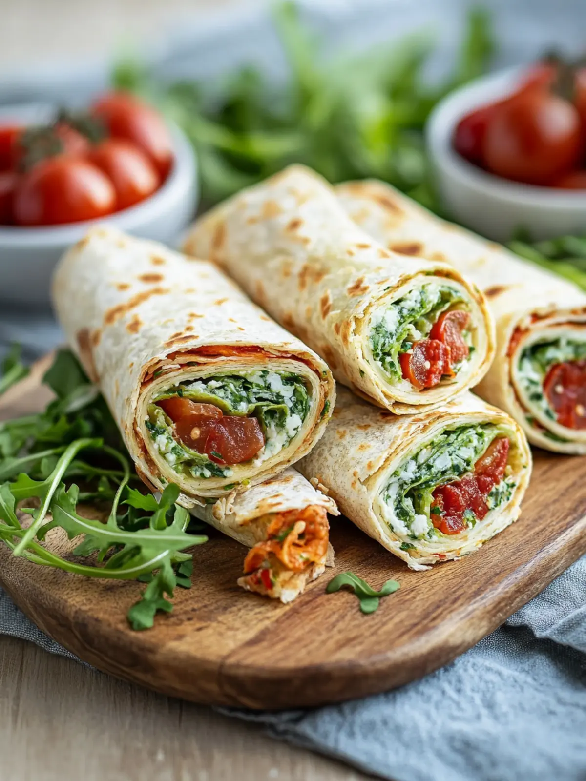 Vegetarische Wrap-Röllchen mit Rucola und Tomaten