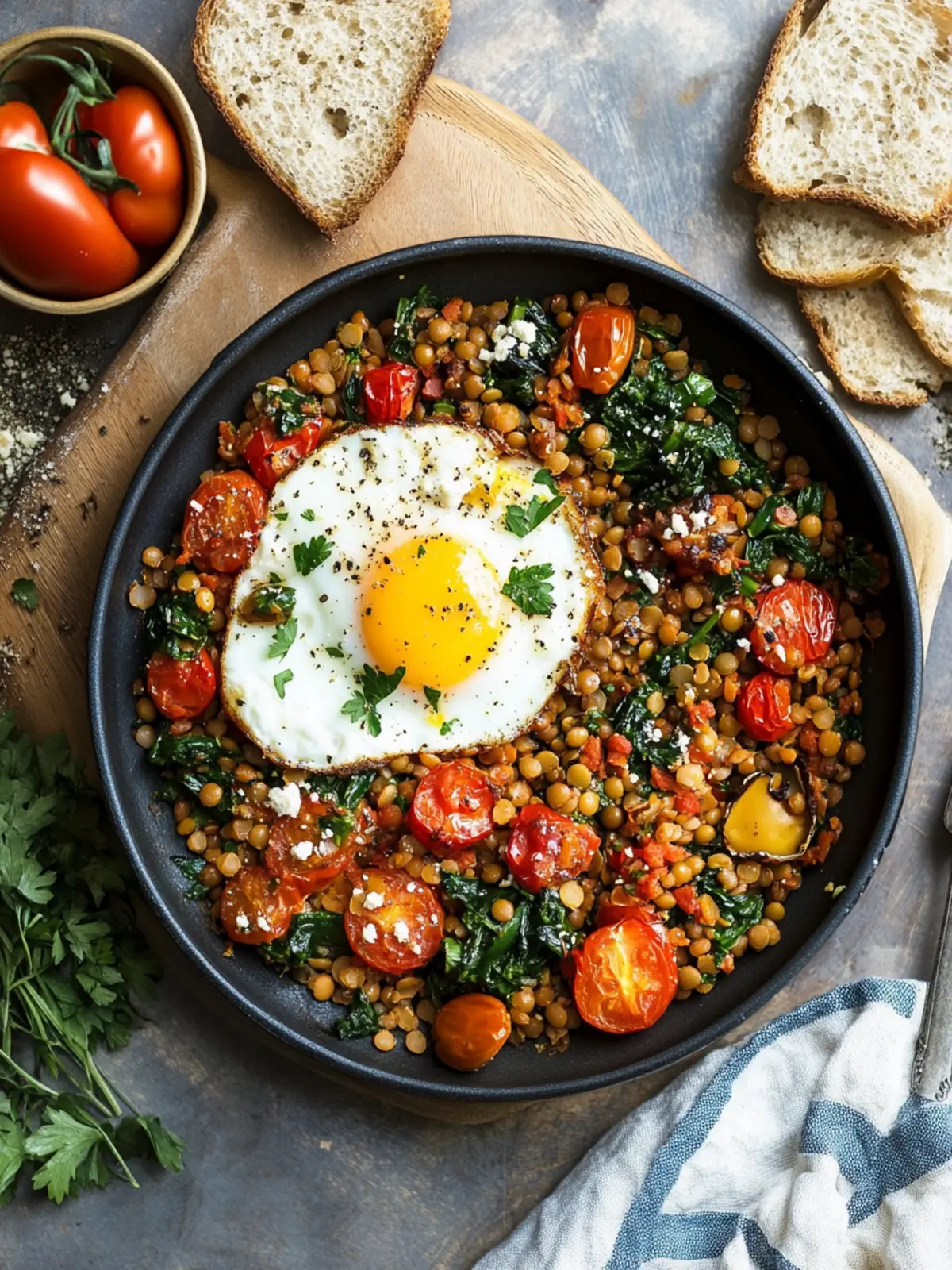 Tomato-Lentil-Vegetables with Baked Egg