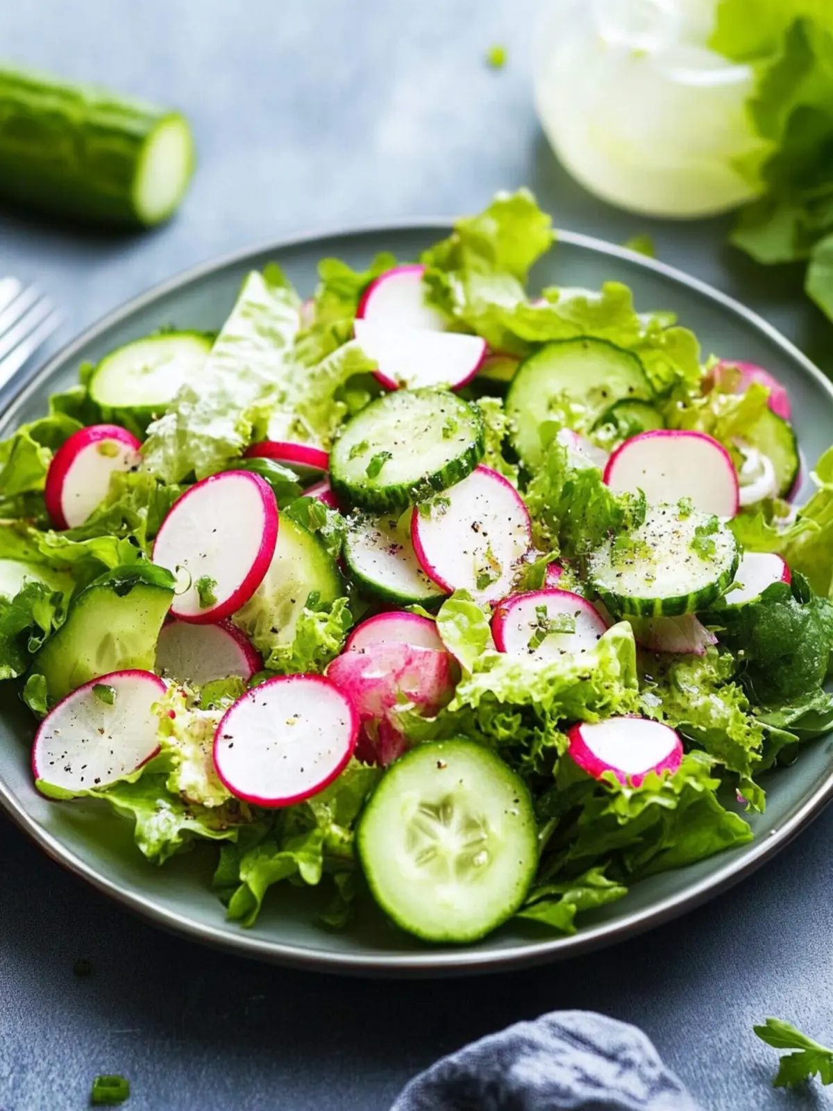Fresh leaf salad with cucumbers and radishes