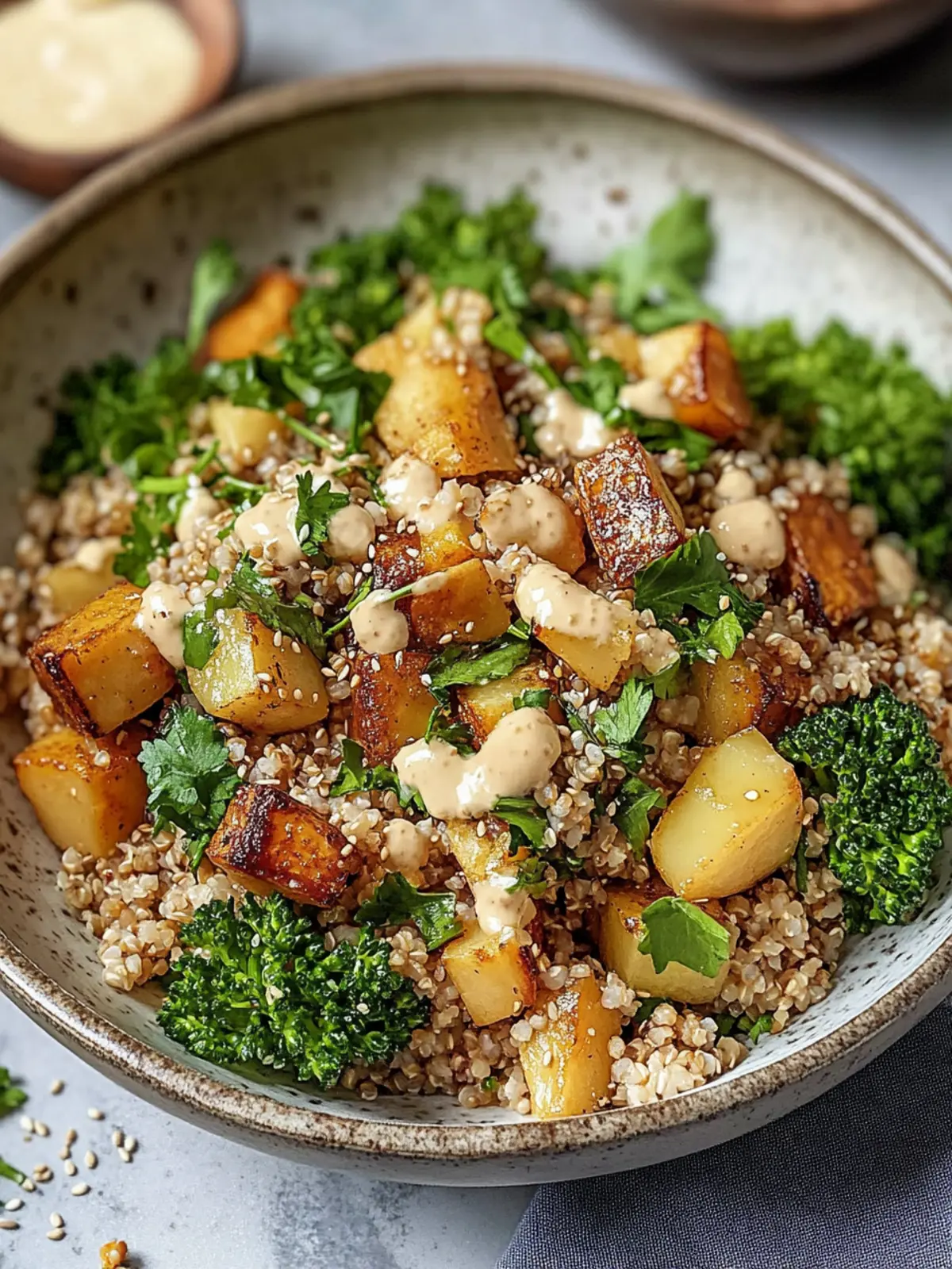 Roasted Sweet Potato Quinoa Salad with Sesame Miso Sauce