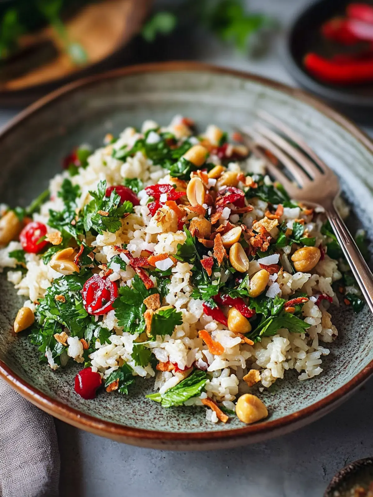 Crispy rice salad with roasted peanuts and coconut chips