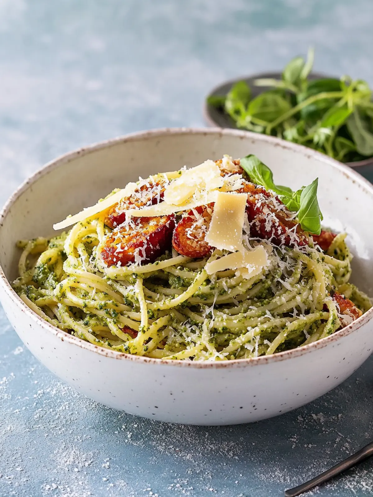 Cremige Pesto-Pasta mit knusprigem Parmesan-Hühnchen