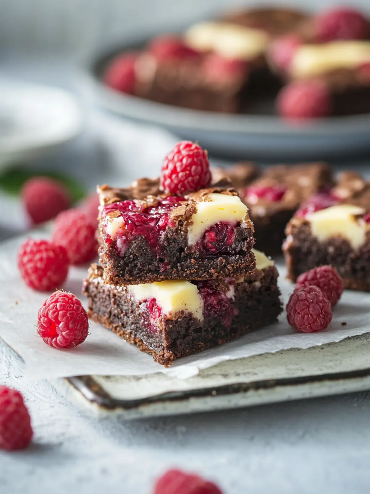 Käsekuchen-Braunies mit Himbeeren