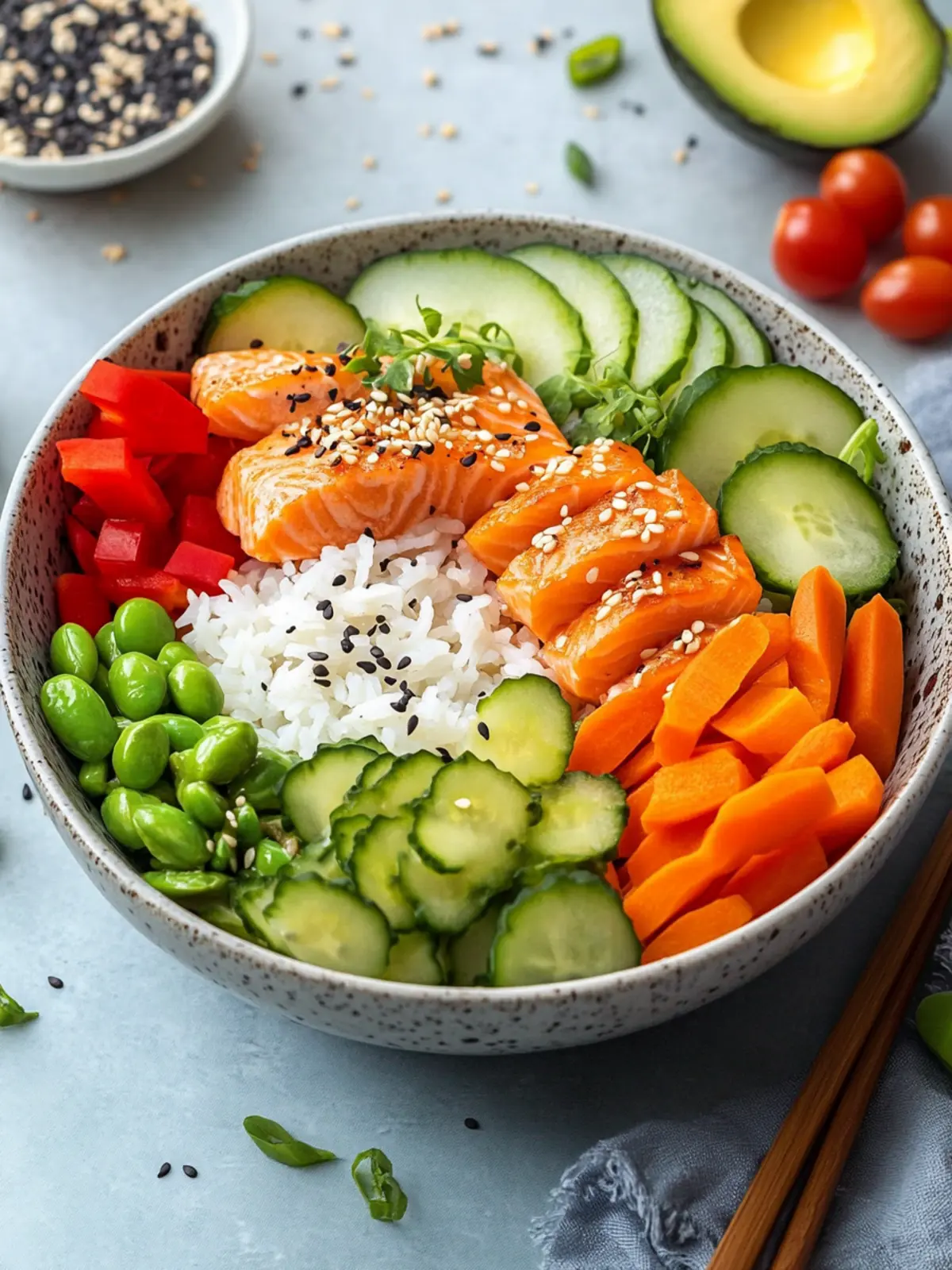 Lachs-Bowl mit buntem Gemüse & Reis – Gesund, modern und unglaublich lecker