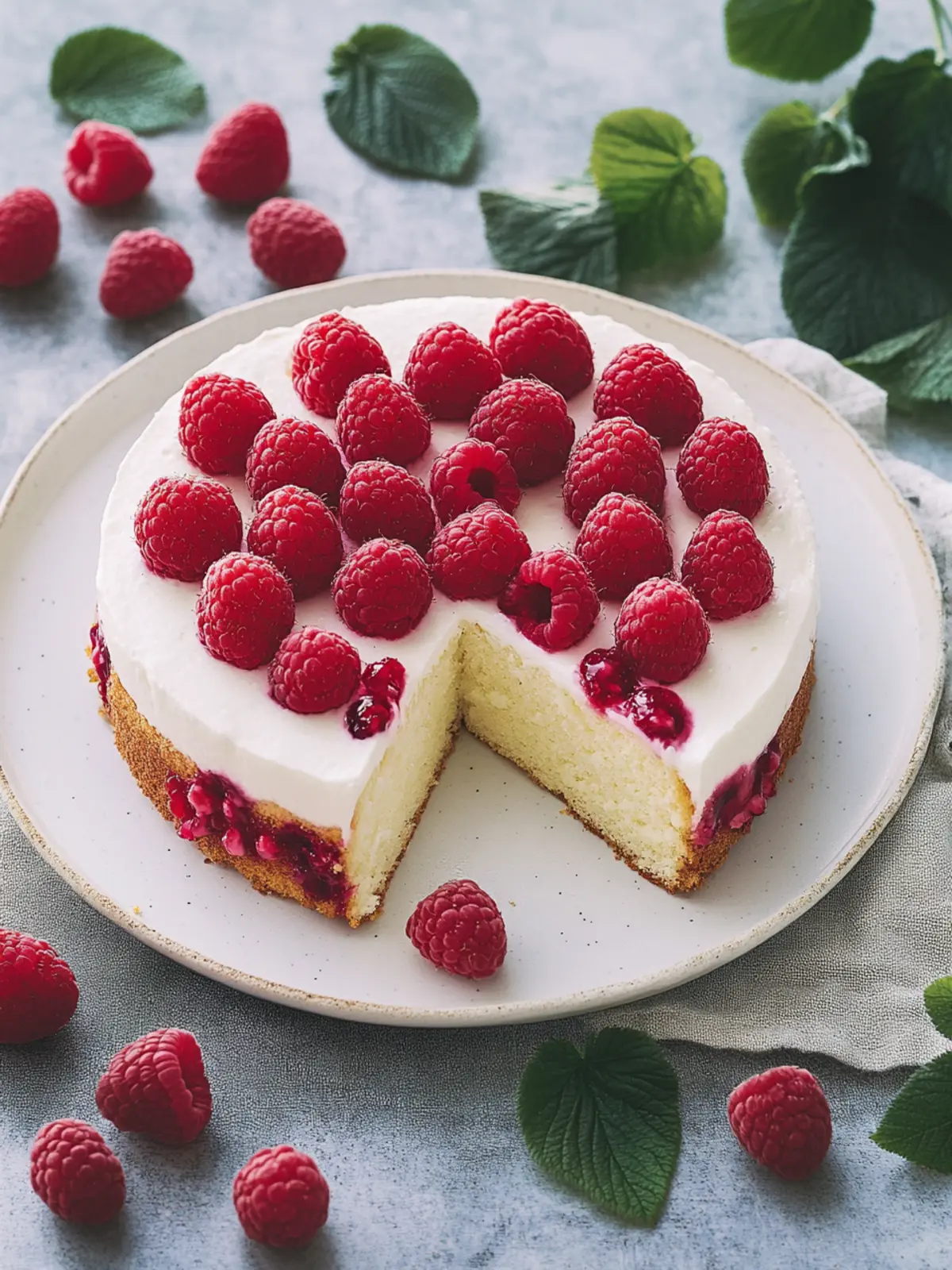 Delicious yogurt cake with fresh raspberries