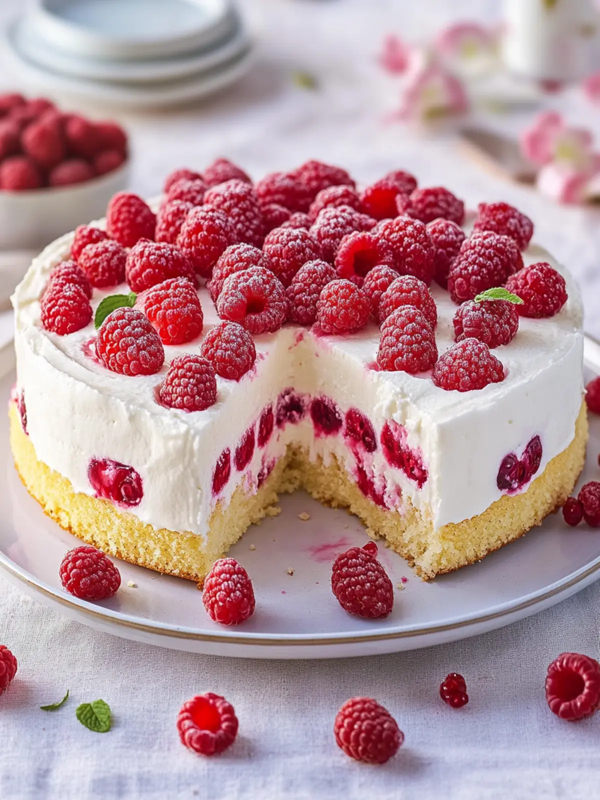 Delicious yogurt cake with fresh raspberries