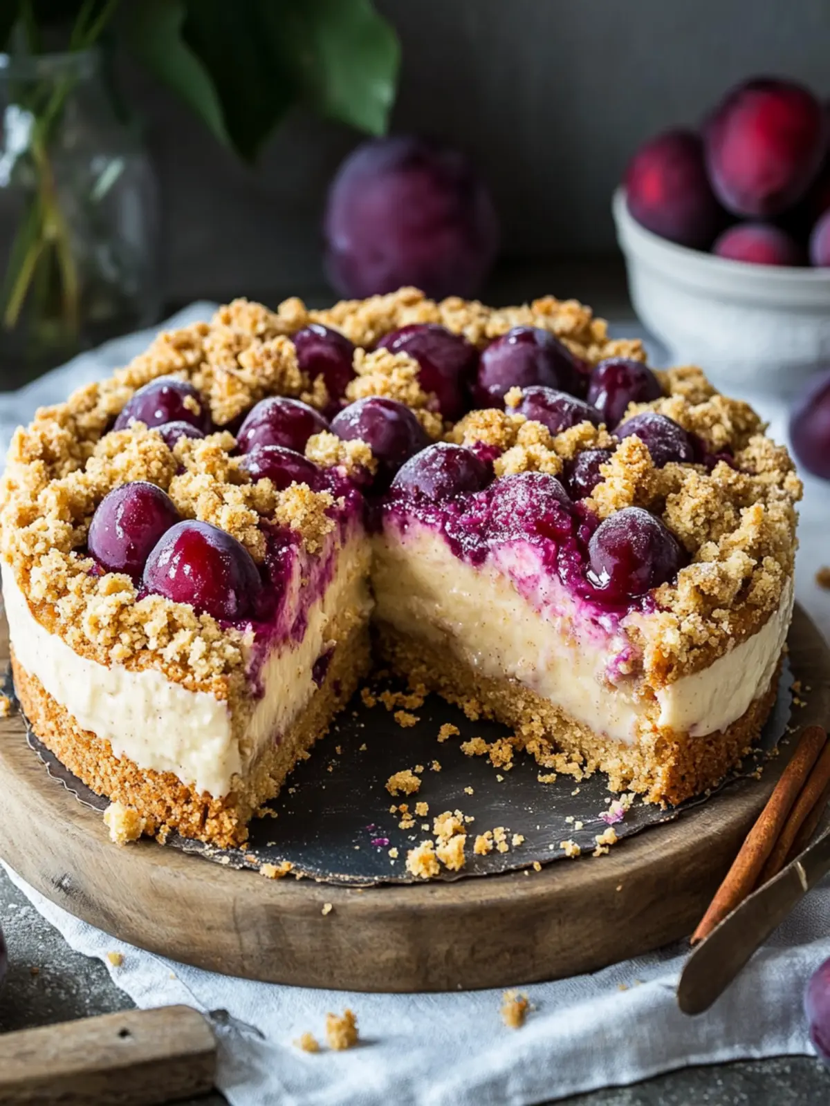 Plum cake with pudding and cinnamon crumbles