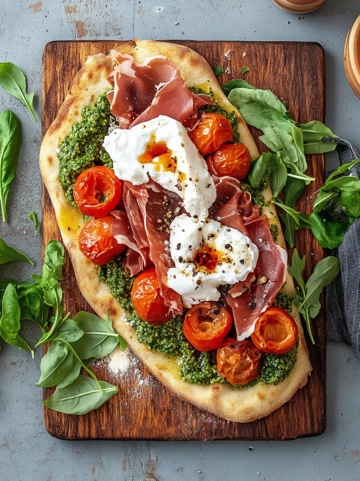 Pinsa mit Trapanesi-Pesto, Prosciutto, Burrata, getrockneten Tomaten und Rucola