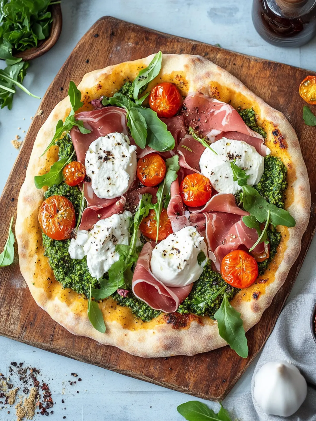 Pinsa mit Trapanesi-Pesto, Prosciutto, Burrata, getrockneten Tomaten und Rucola