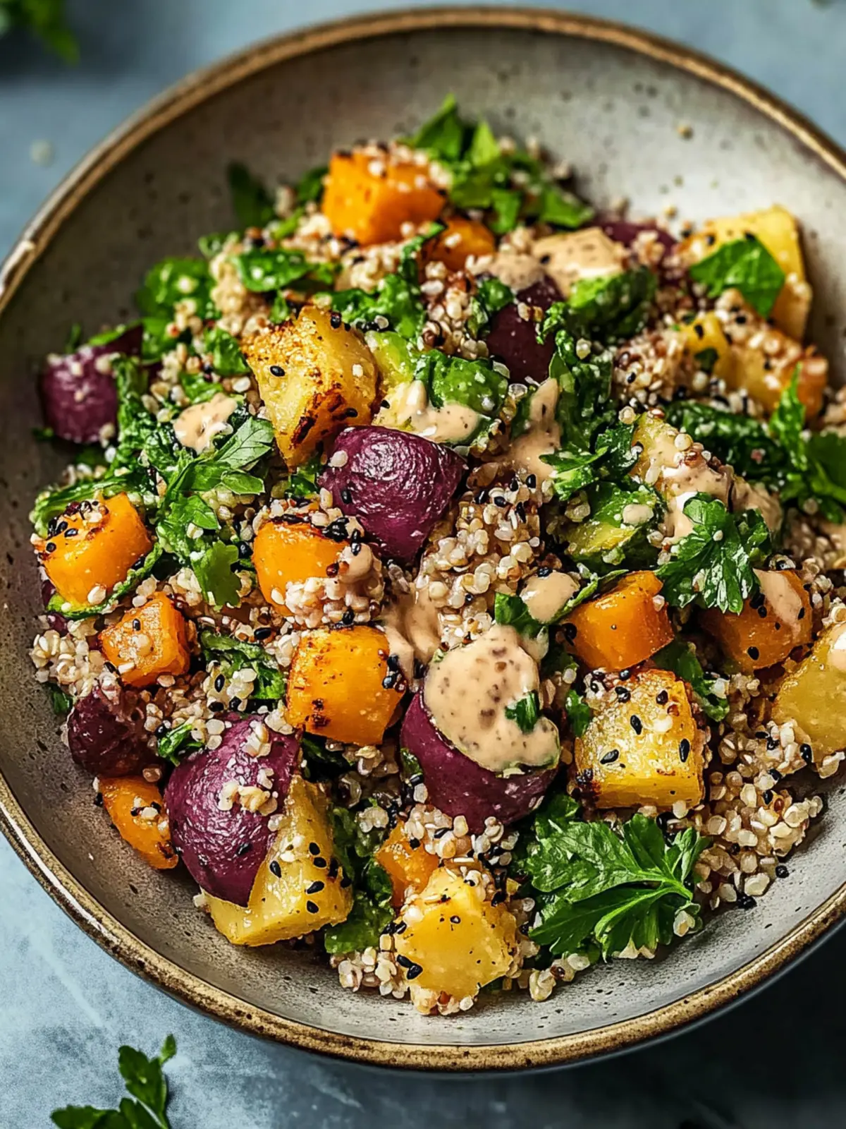 Roasted Sweet Potato Quinoa Salad with Sesame Miso Sauce
