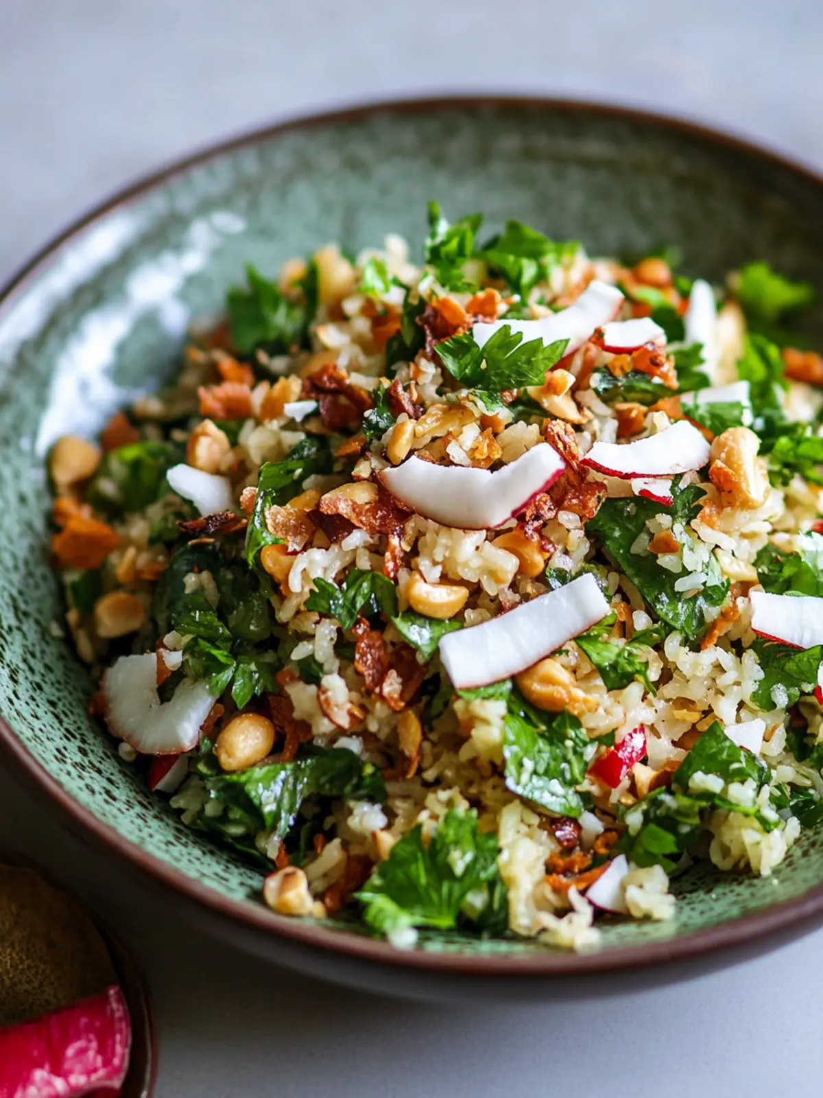 Crispy rice salad with roasted peanuts and coconut chips