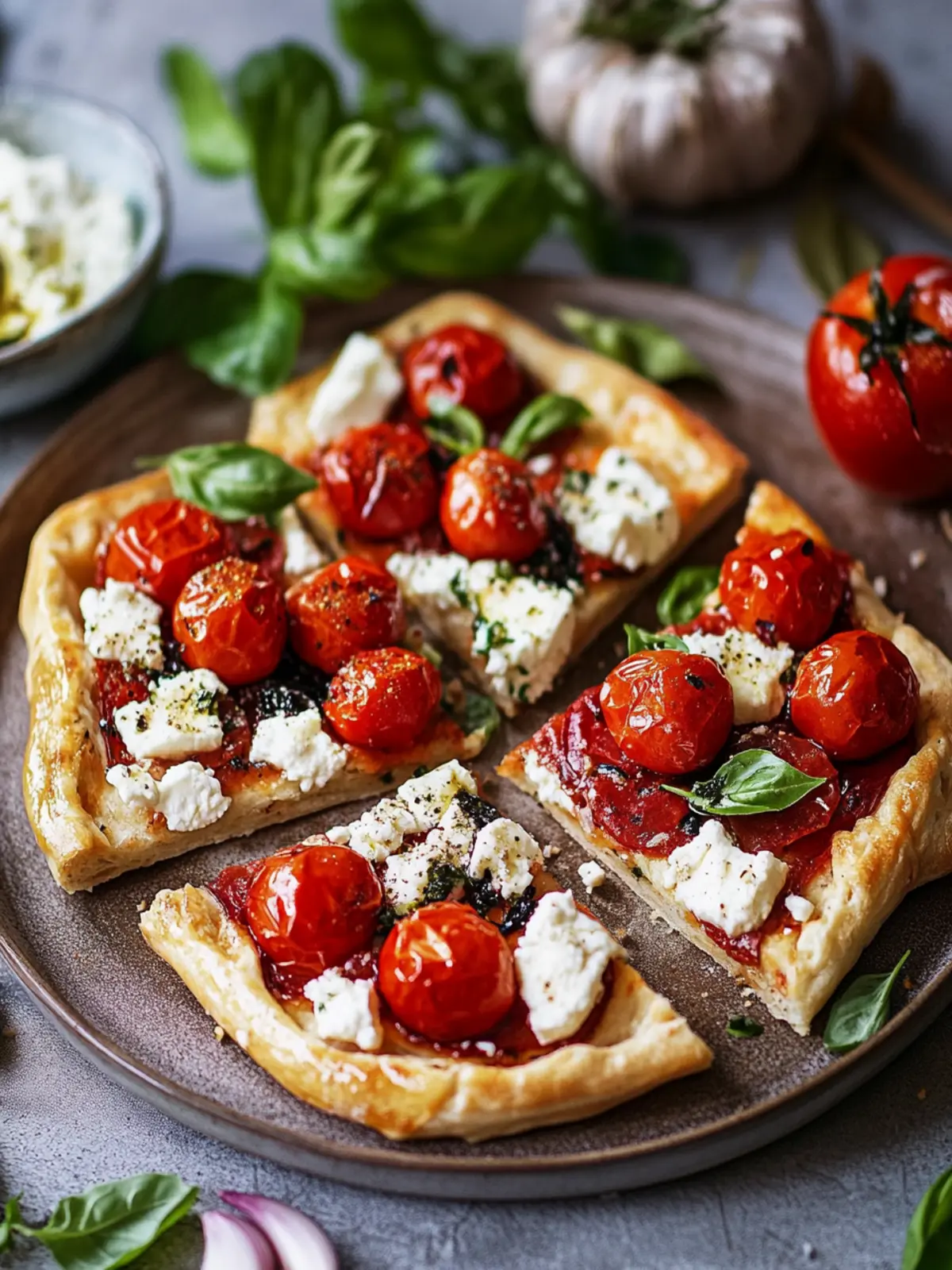 Tomaten-Blätterteig-Häppchen mit veganem Feta und Kräutern