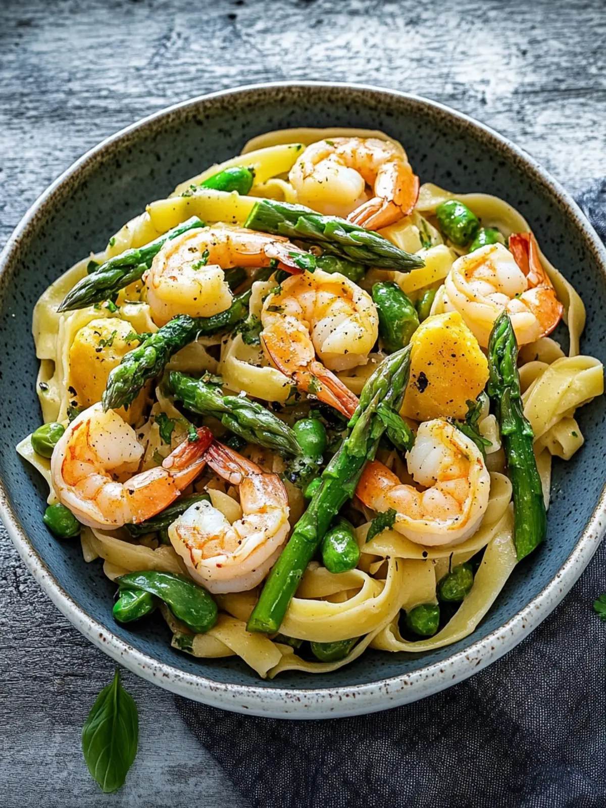 Tagliatelle with shrimp and green asparagus: quick to make, enormous enjoyment