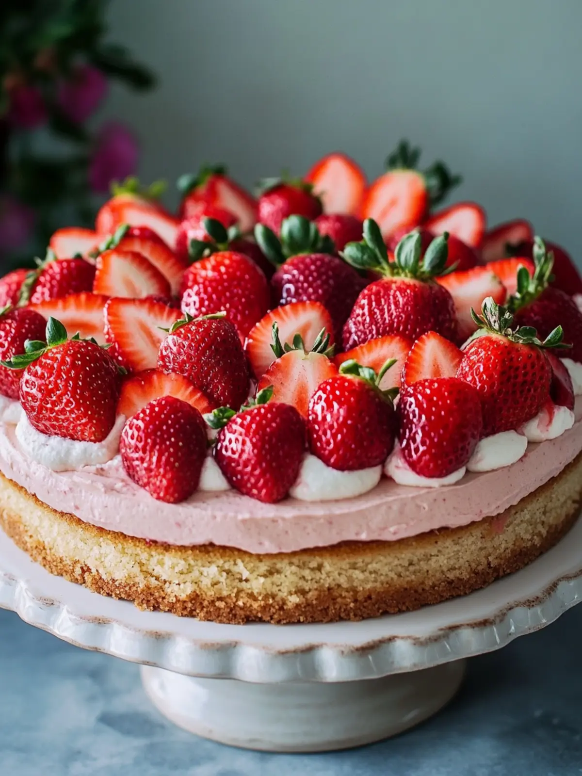 Vegan strawberry cake with fine sponge base