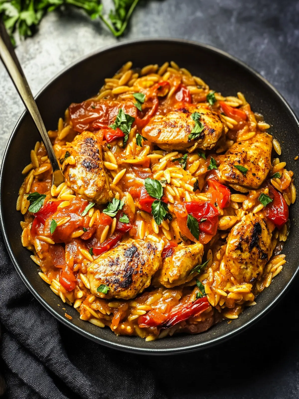Orzo pan with pepper chicken