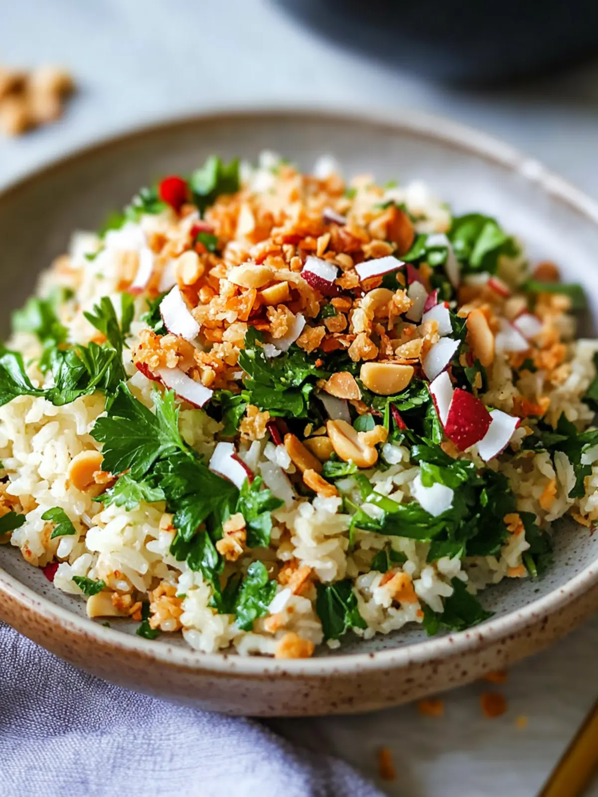 Crispy rice salad with roasted peanuts and coconut chips