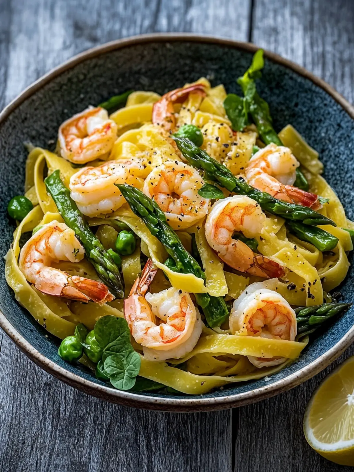 Tagliatelle with shrimp and green asparagus: quick to make, enormous enjoyment