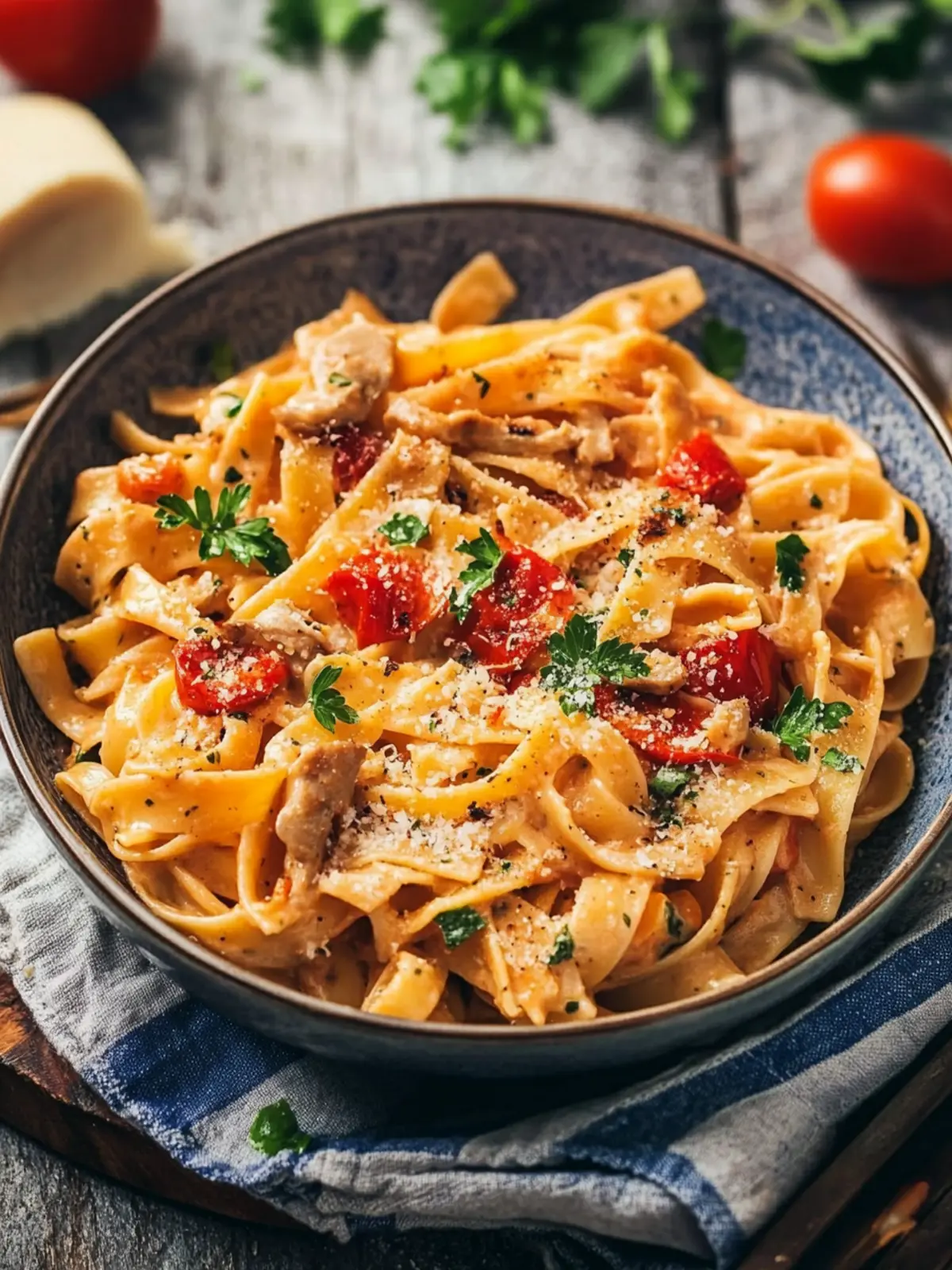 Paprika-Sahne-Hähnchen: Aromatischer Klassiker auf Pasta