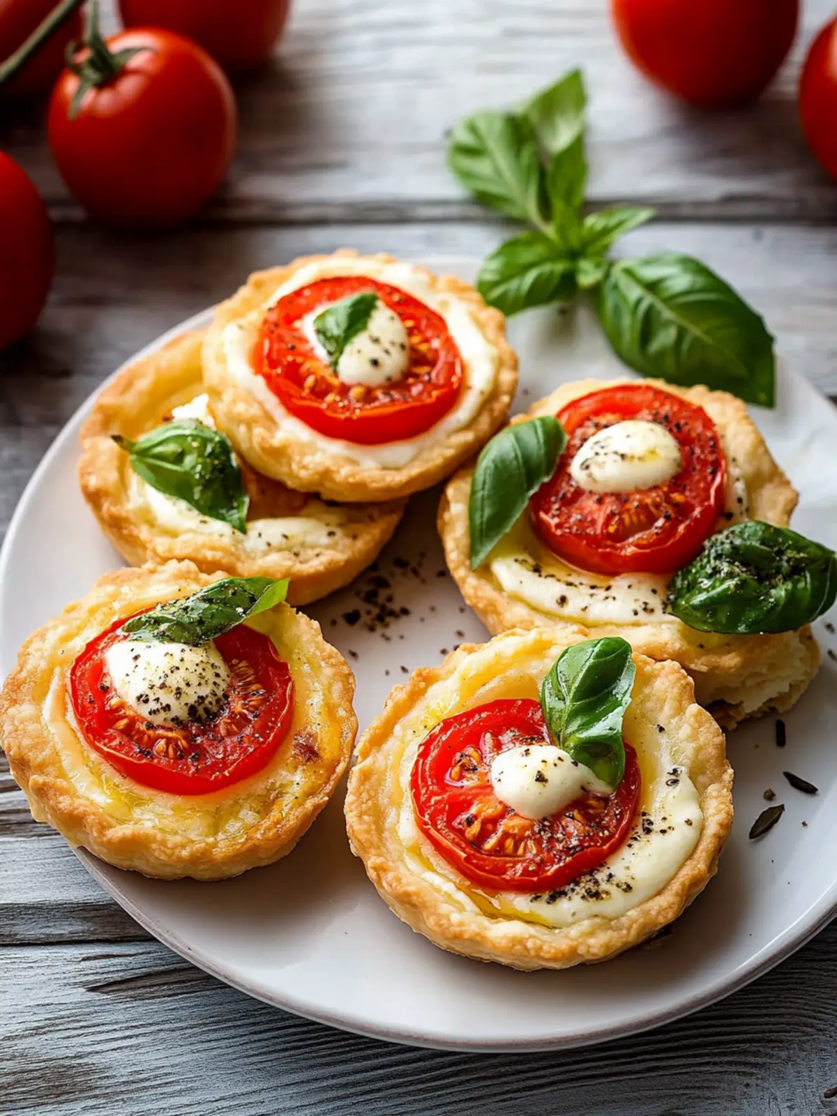 Knusprige Tartelettes mit Tomaten, Basilikum und Mozzarella