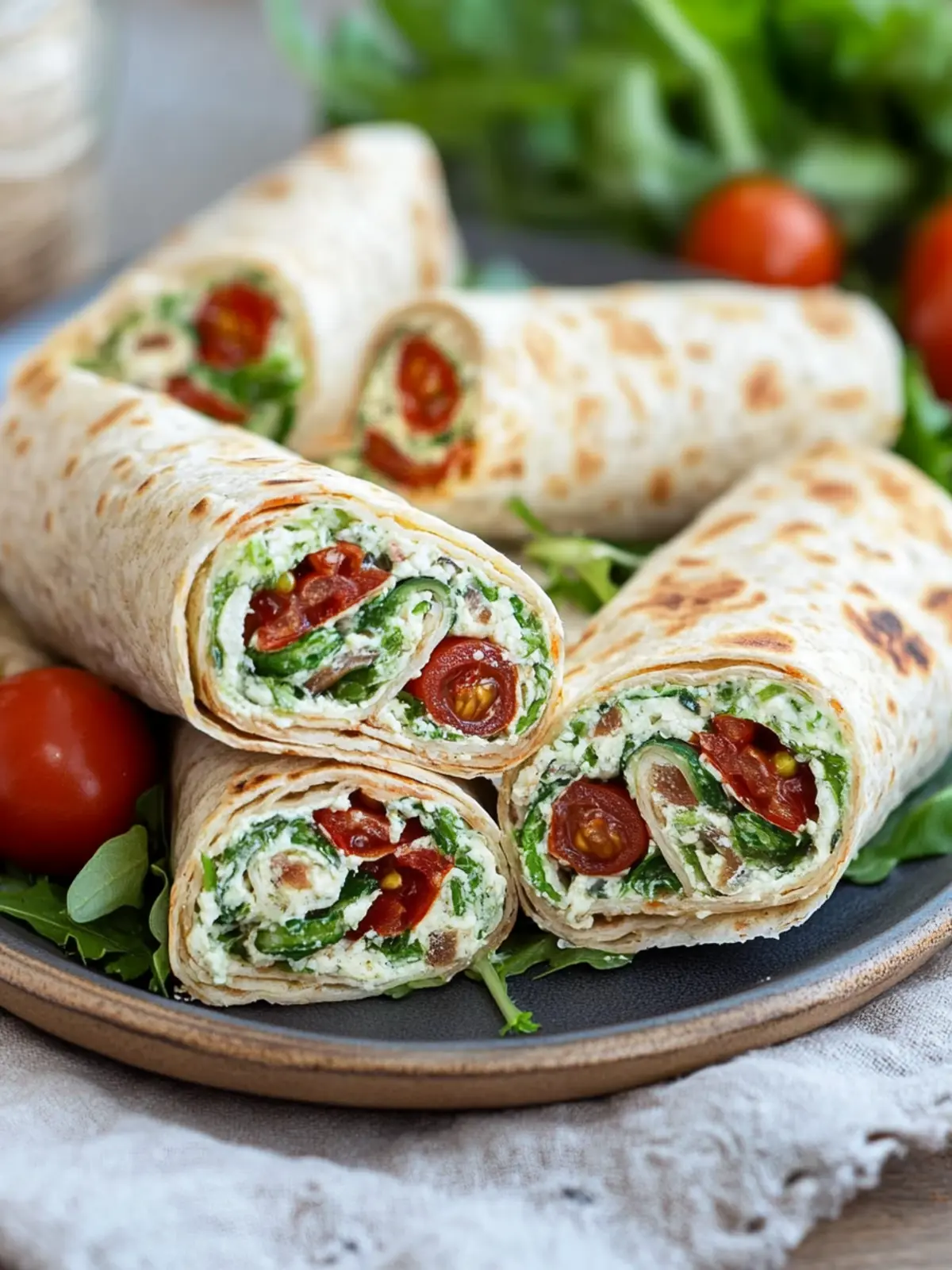 Vegetarische Wrap-Röllchen mit Rucola und Tomaten