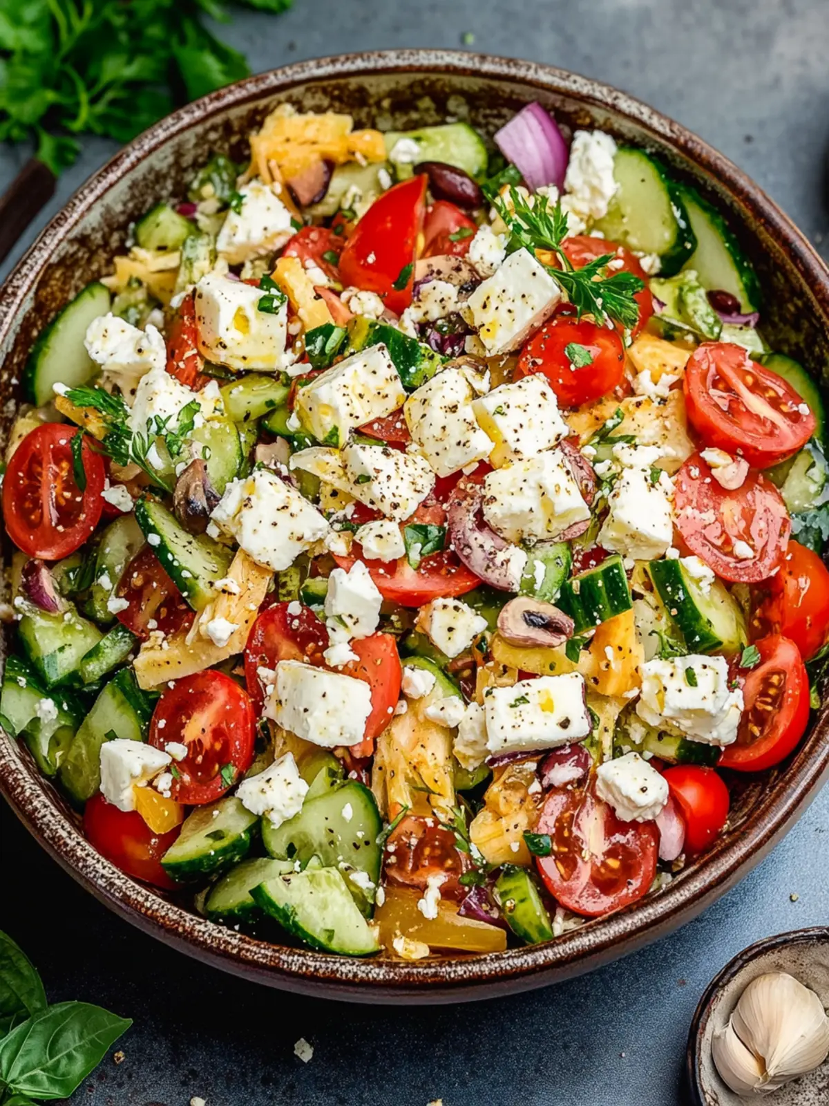 Simple Kritharaki salad with feta