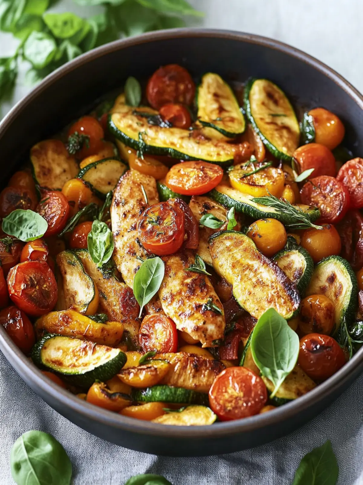 Hähnchenpfanne mit Zucchini, Tomaten und Bohnen