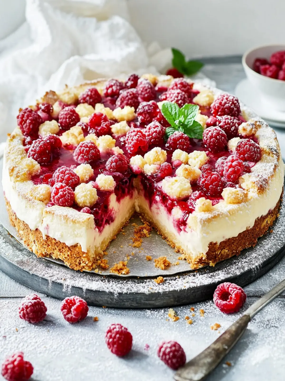 Käsekuchen mit Himbeeren und Streusel