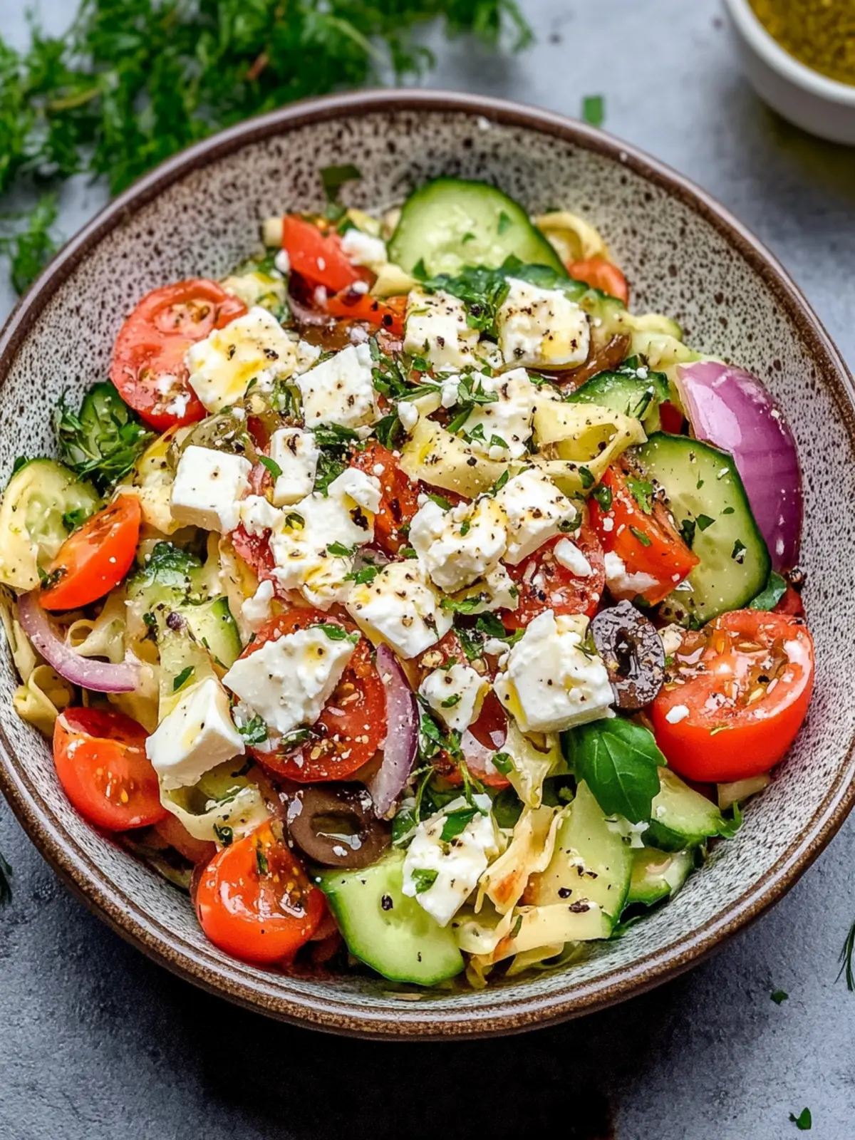 Simple Kritharaki salad with feta