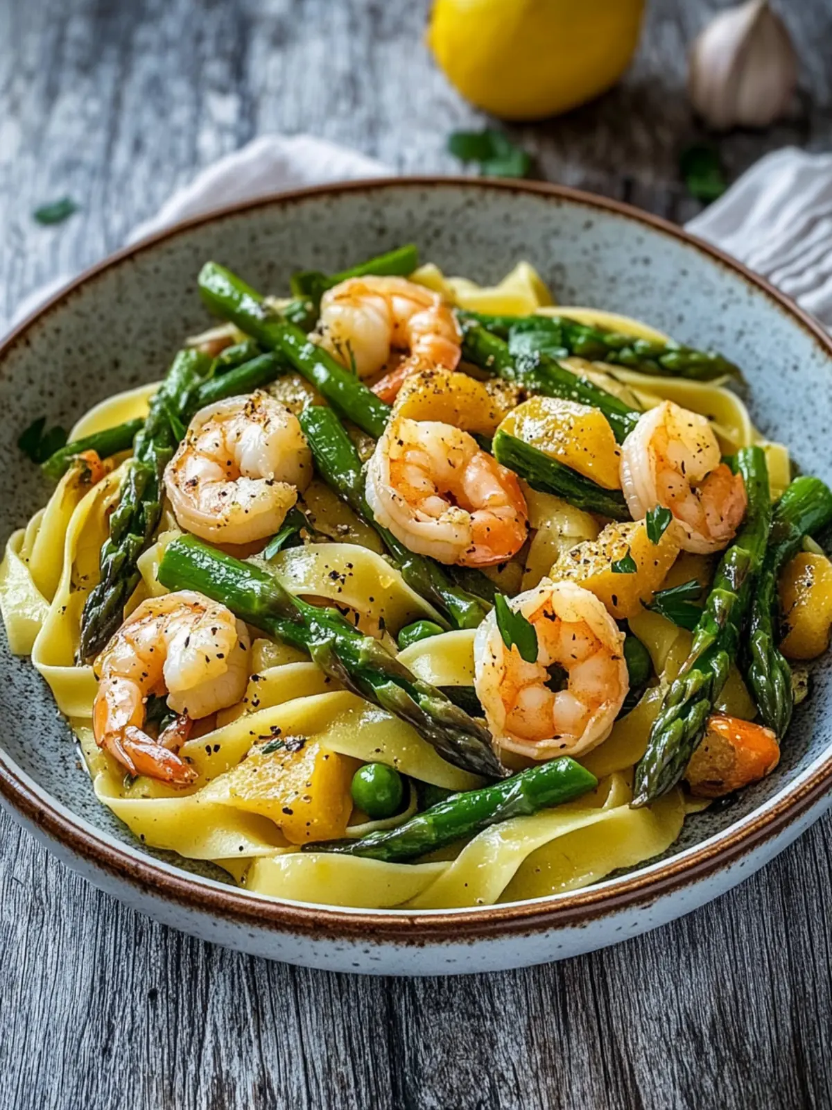 Tagliatelle with shrimp and green asparagus: quick to make, enormous enjoyment