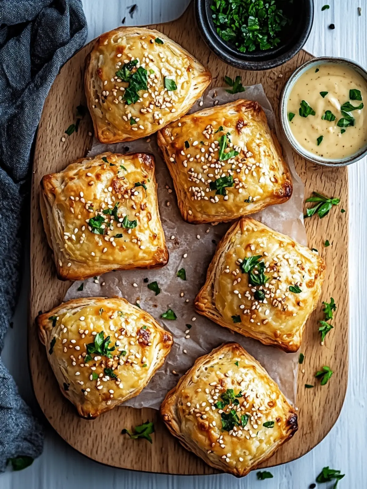 Käsige vegane Kartoffel- und Zwiebel-Blätterteigpasteten