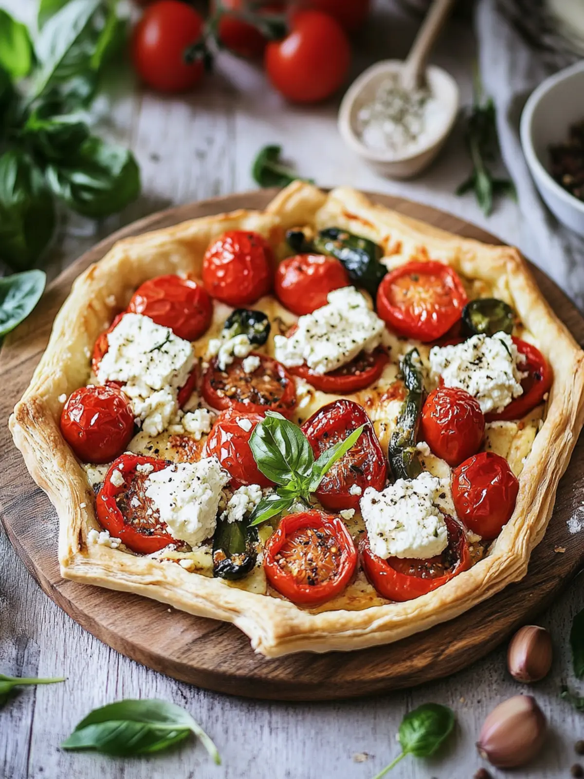 Tomaten-Blätterteig-Häppchen mit veganem Feta und Kräutern