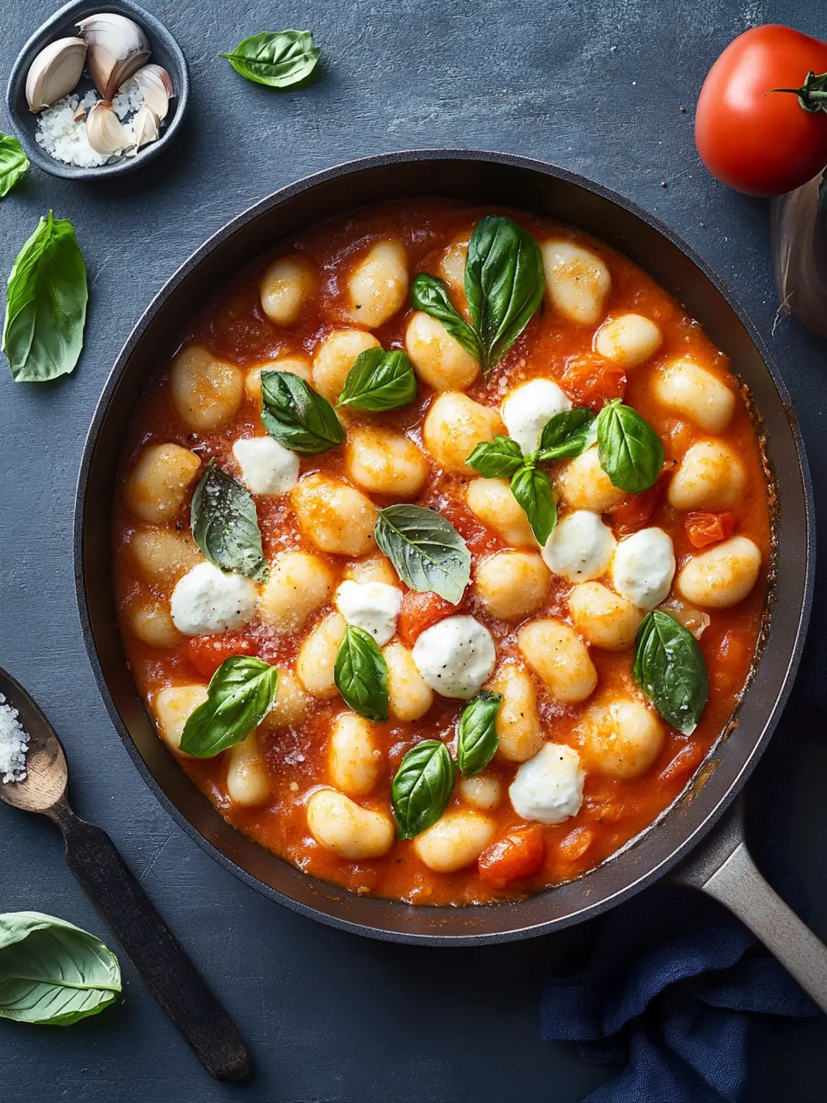 Cremige One-Pot-Gnocchi mit Tomate, Mozzarella & Basilikum