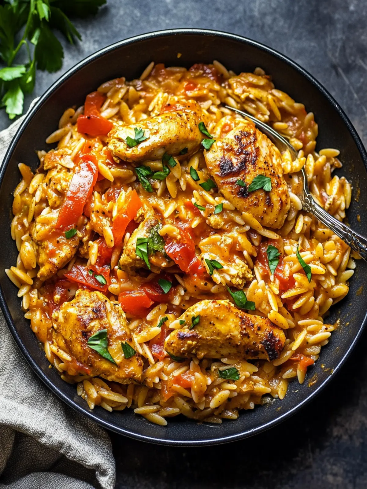 Orzo pan with pepper chicken