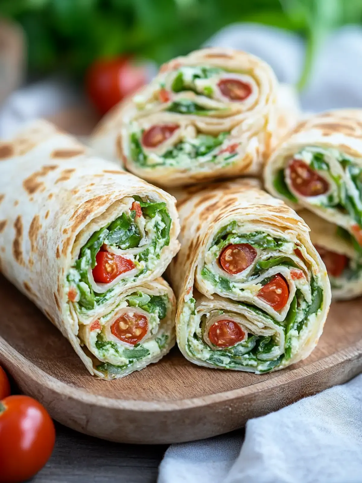 Vegetarische Wrap-Röllchen mit Rucola und Tomaten