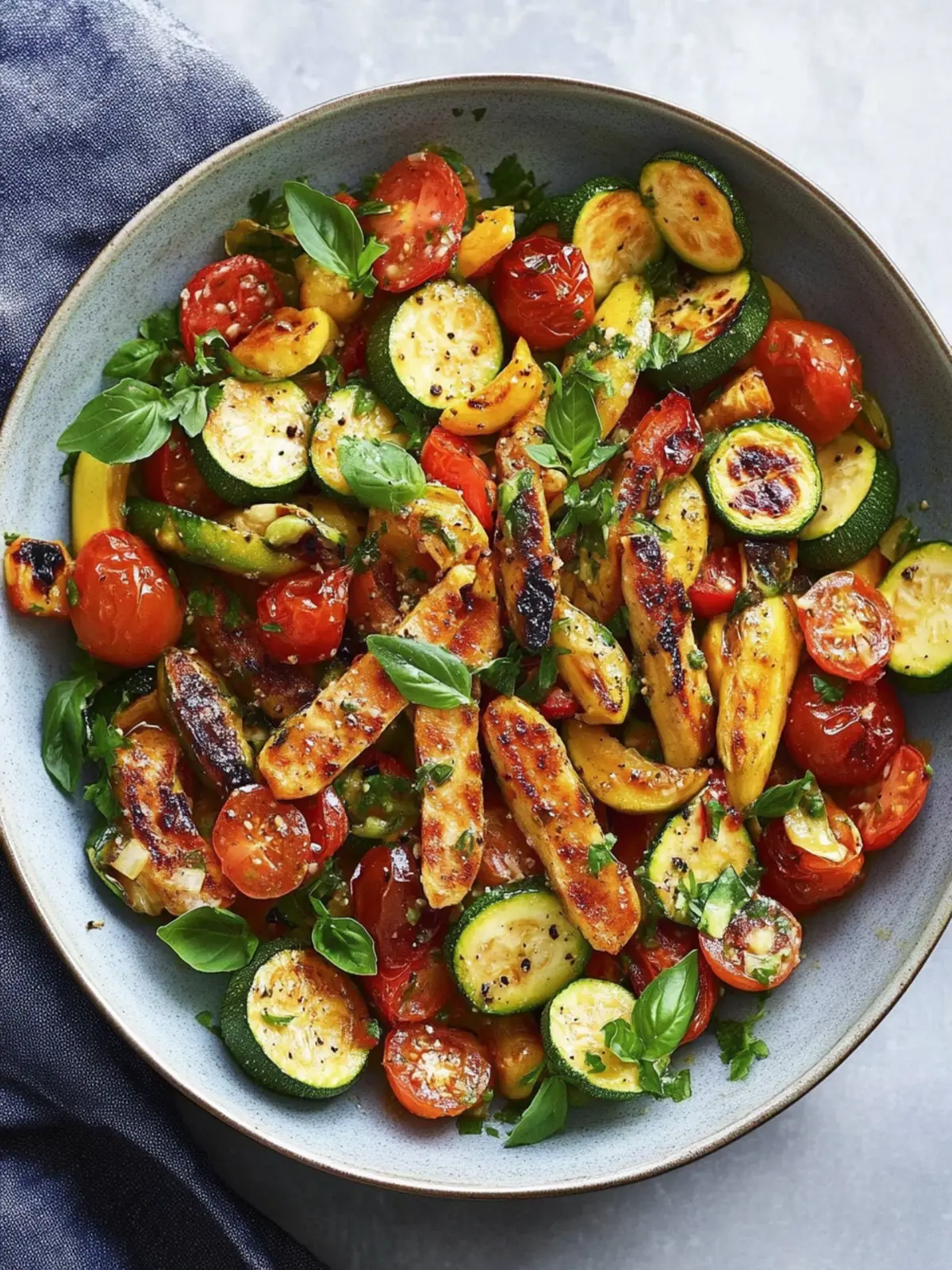 Hähnchenpfanne mit Zucchini, Tomaten und Bohnen
