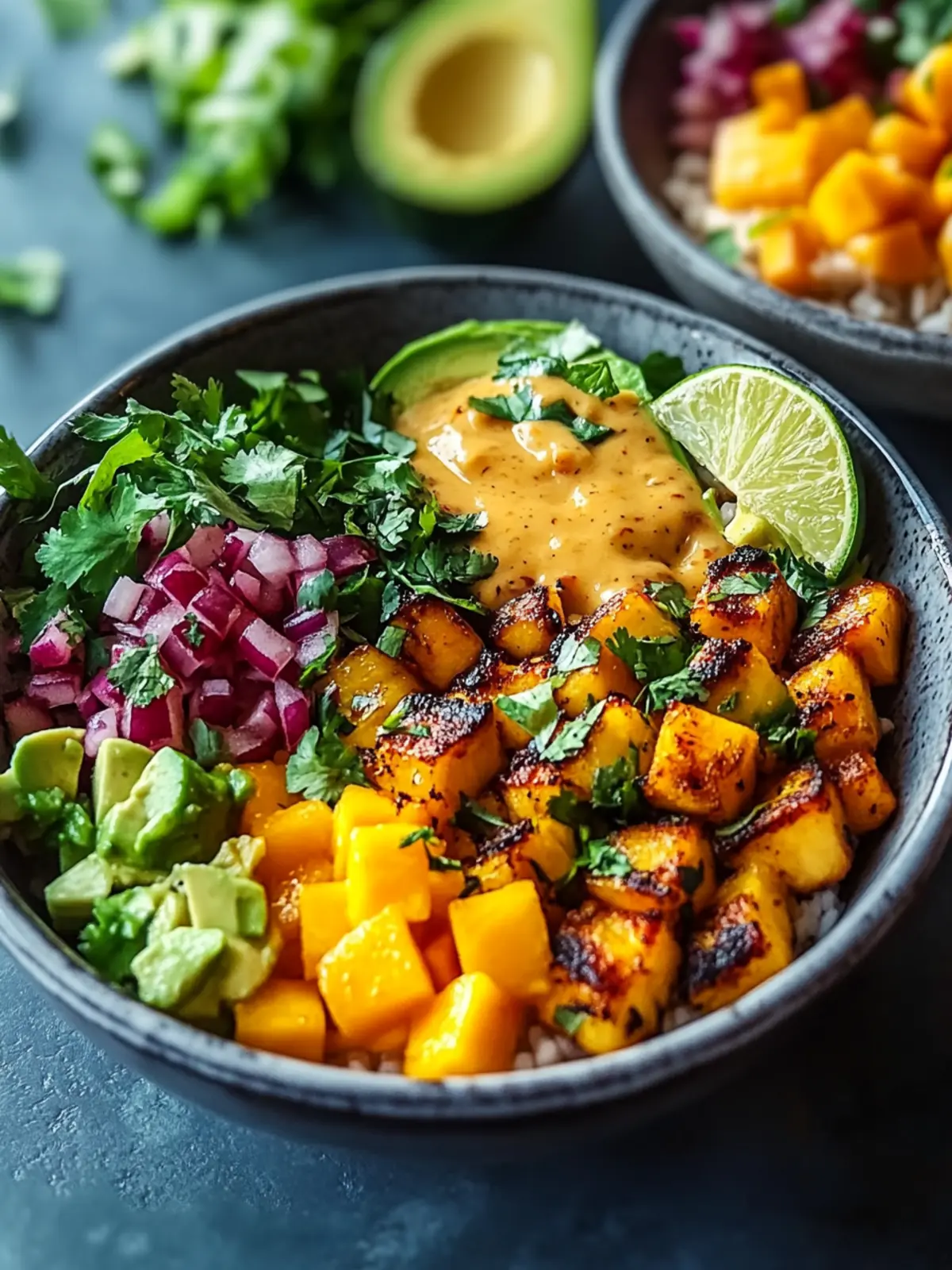Shrimp- und Avocado-Bowls mit Mango-Salsa und Limetten-Chili-Sauce