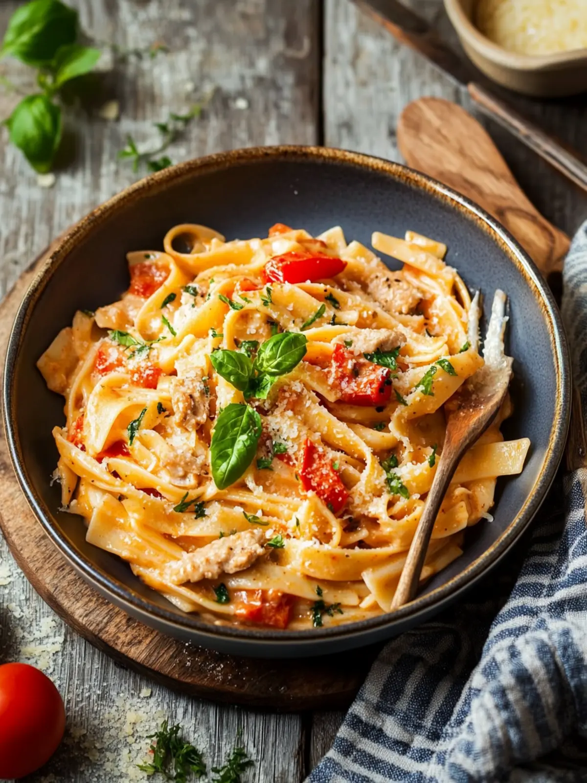 Paprika-Sahne-Hähnchen: Aromatischer Klassiker auf Pasta