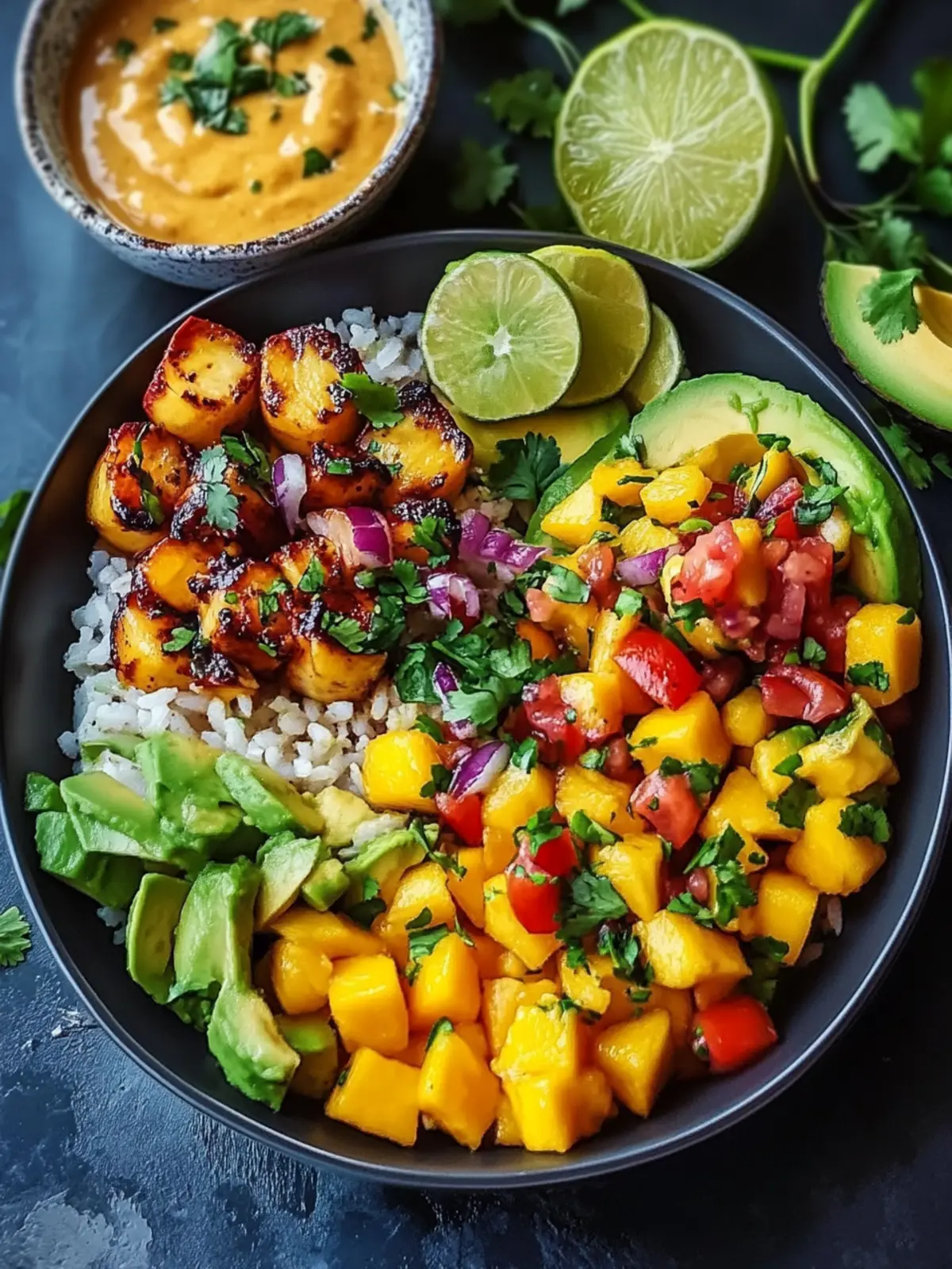 Shrimp- und Avocado-Bowls mit Mango-Salsa und Limetten-Chili-Sauce