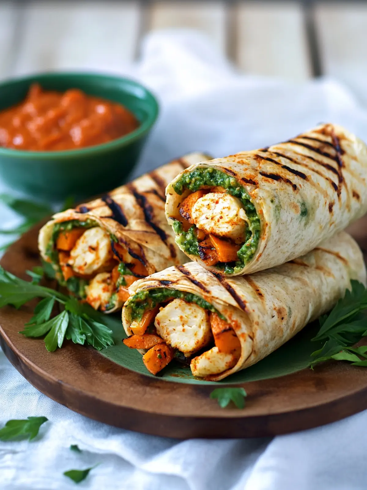 Gegrillte Garnelen-Wraps mit rotem Paprika-Artischocken-Pesto