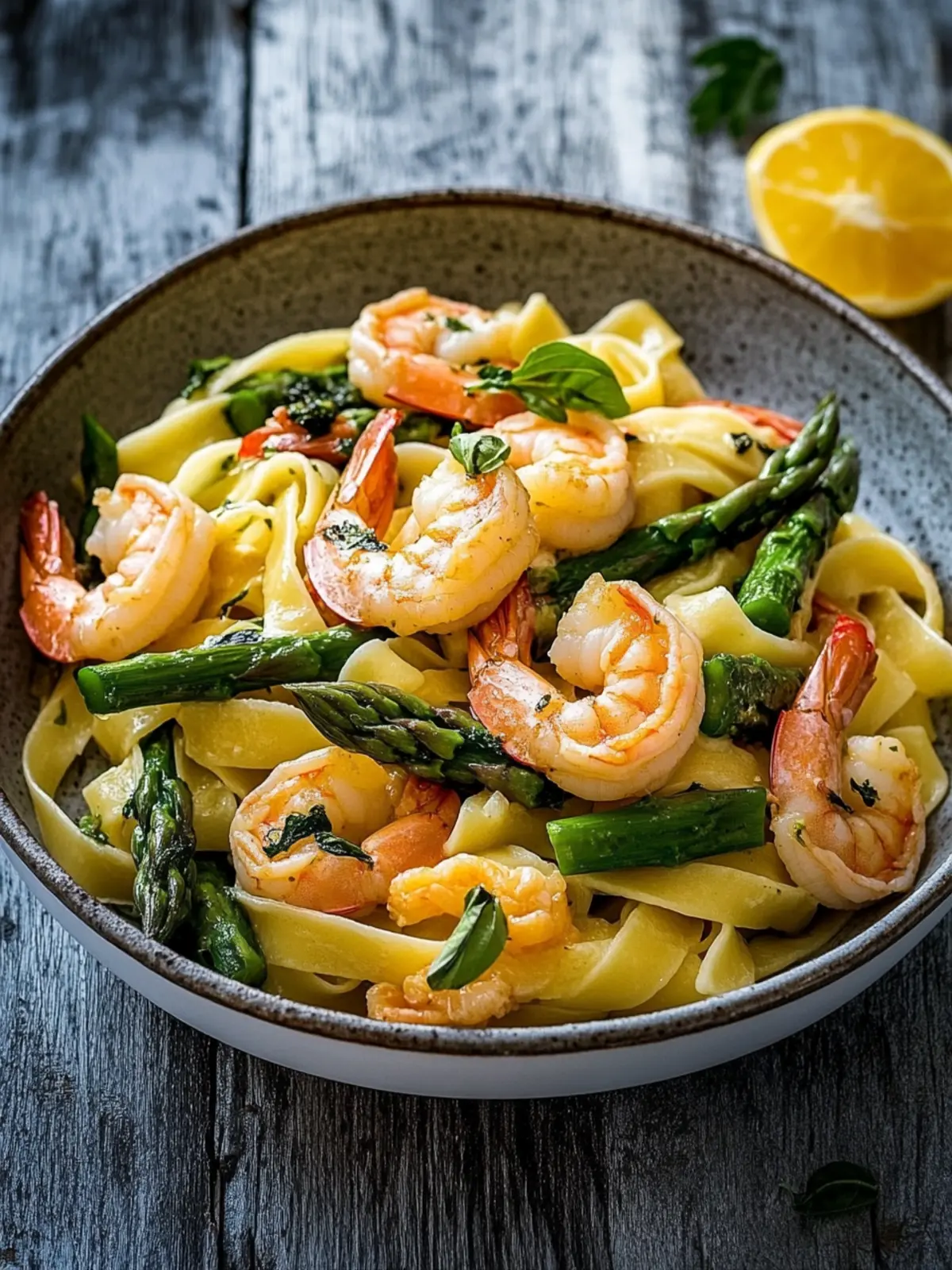Tagliatelle with shrimp and green asparagus: quick to make, enormous enjoyment