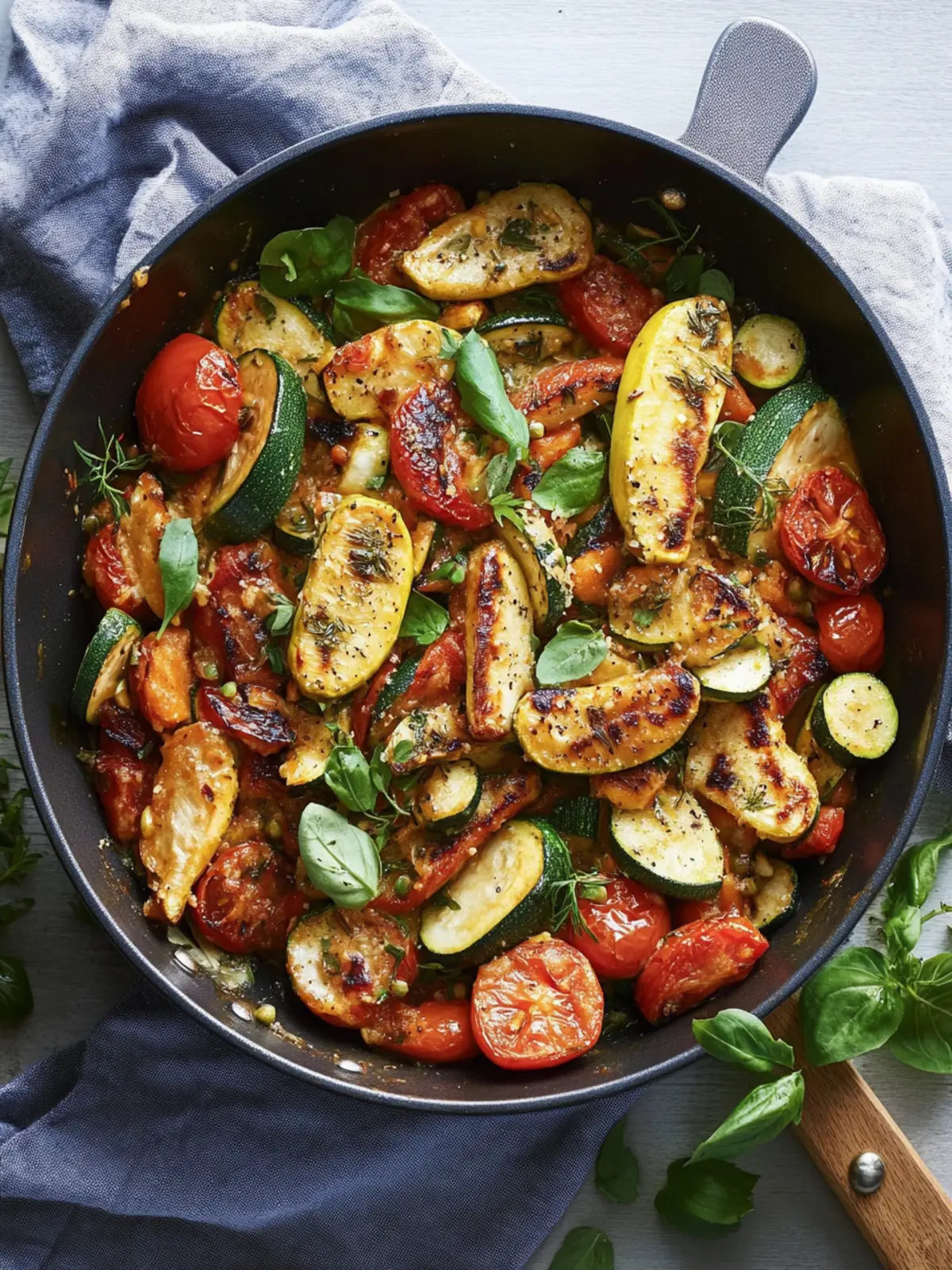 Hähnchenpfanne mit Zucchini, Tomaten und Bohnen