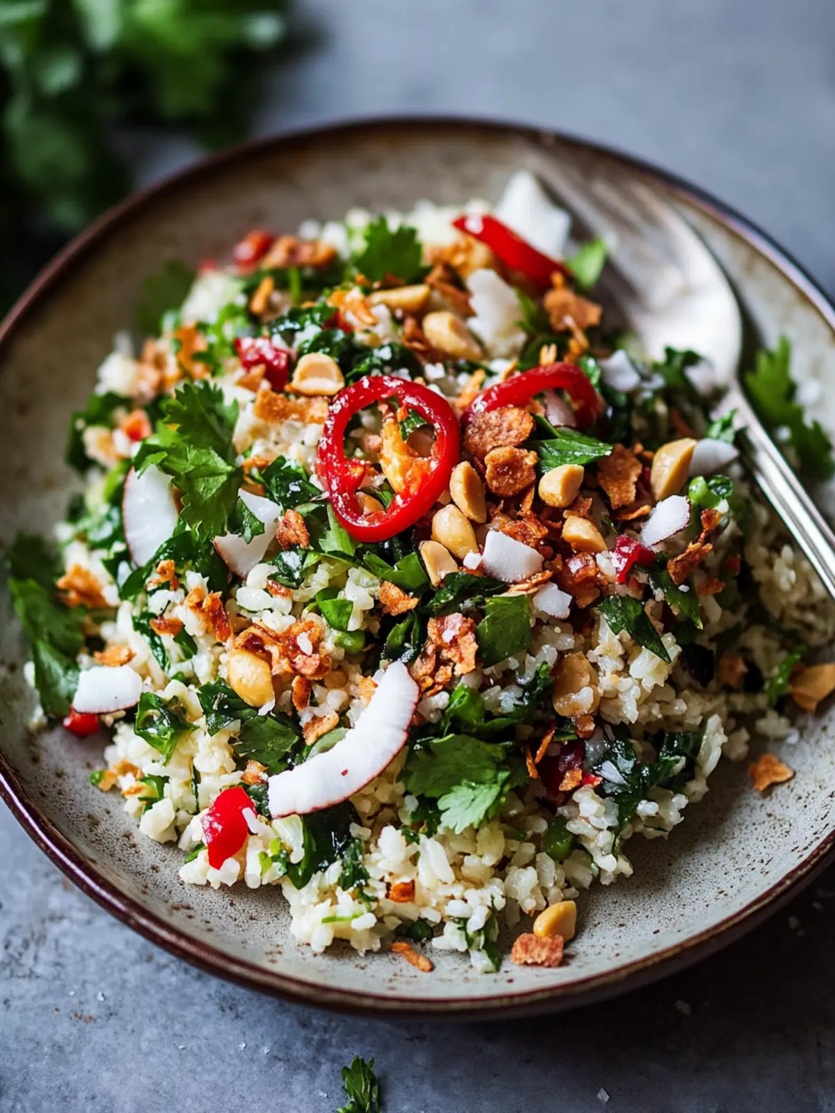 Crispy rice salad with roasted peanuts and coconut chips