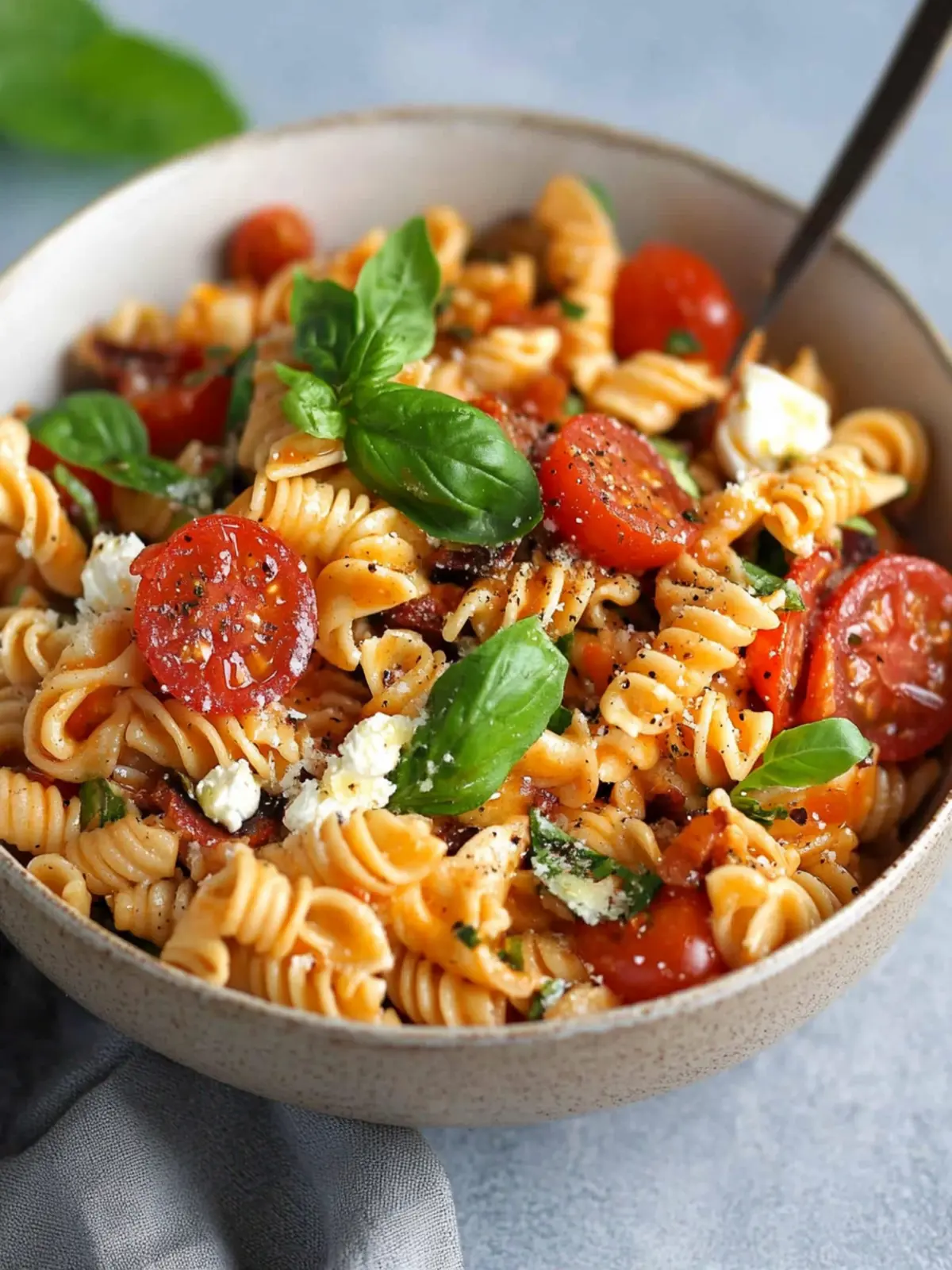 Mediterraner Nudelsalat mit Tomatendressing – einfach und lecker
